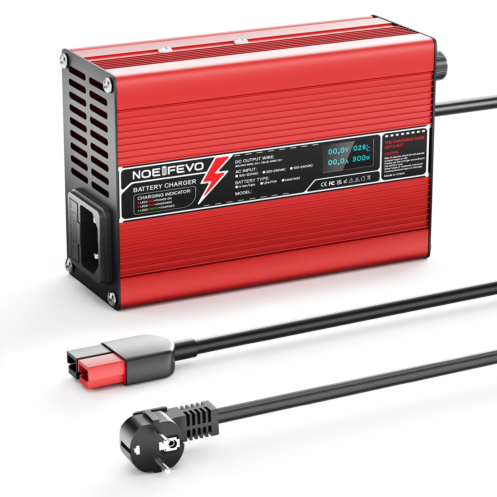 NOEIFEVO Caricabatterie al Litio 12,6V 10A per Batterie Li-Ion Lipo 3S 11,1V, Ventola di Raffreddamento, Spegnimento Automatico (ROSSO)