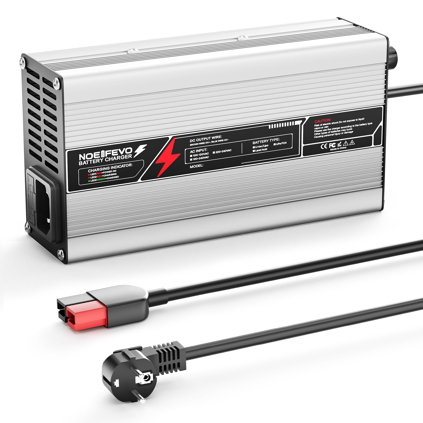 NOEIFEVO 58,8V 8A Lithium-Batterieladegerät für 51,8V(48V) 14S-Batterie, automatische Abschaltung, Aluminiumgehäuse, mit Lüfter (Silber)