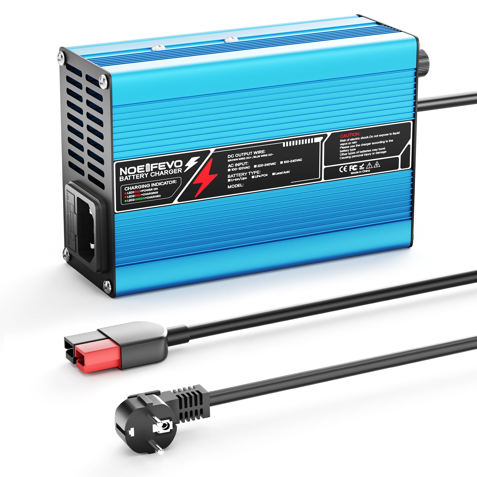 NOEIFEVO 33.6V 2A 3A 4A 5A Carregador de Lítio para Baterias Li-Ion Lipo 8S 29.6V, Ventilador de Resfriamento, Desligamento Automático (AZUL)