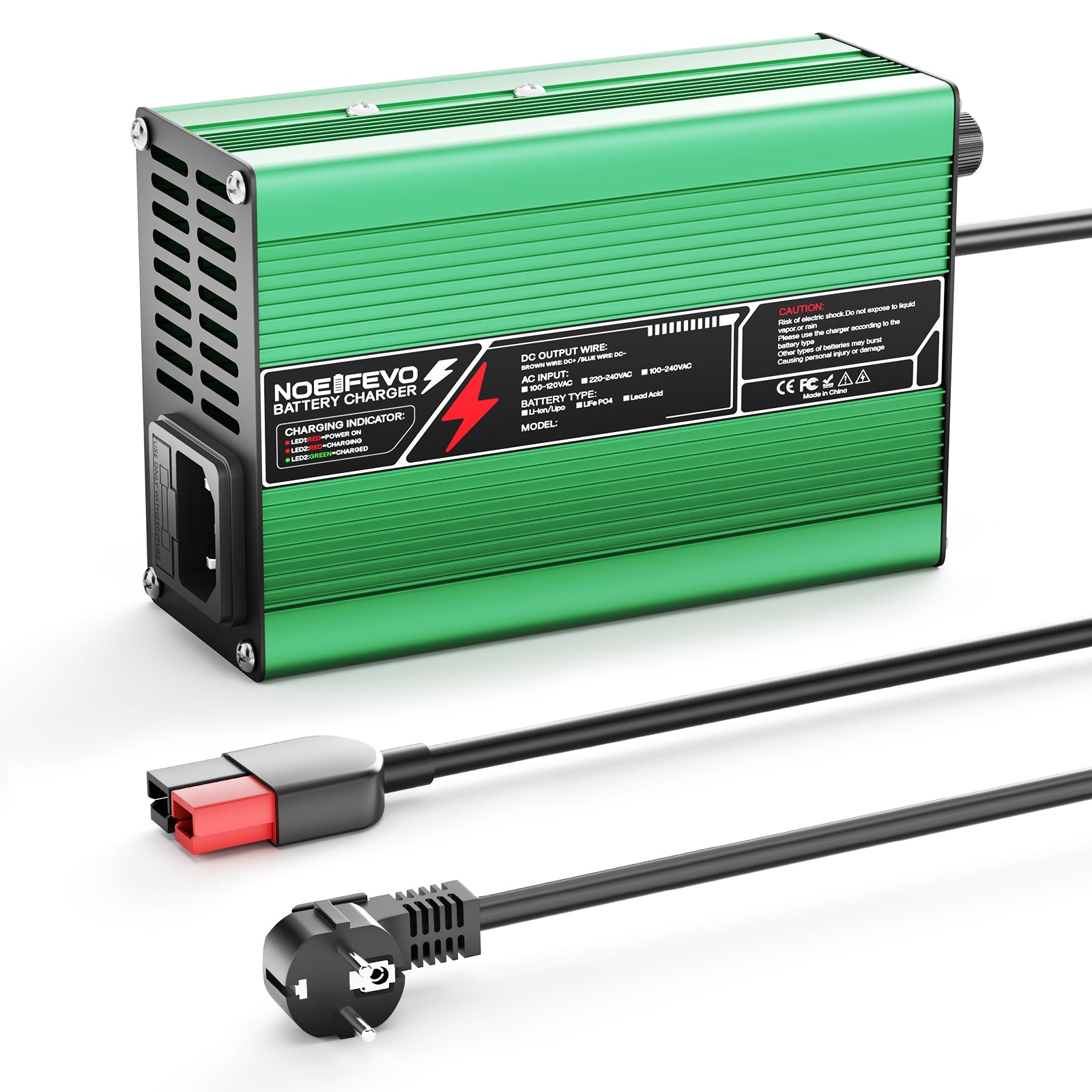 NOEIFEVO 42V 2A 3A 3.5A 4A Lithium-Ladegerät für 10S 37V Li-Ion Lipo-Batterien, Kühlventilator, automatischer Abschaltung(GREEN)