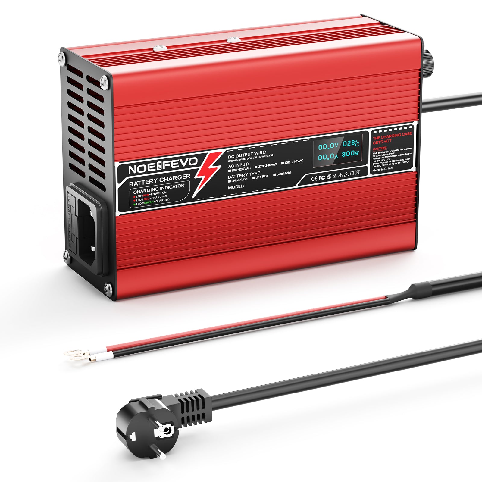 NOEIFEVO 58.8V 2A 2.5A 3A Caricabatterie al litio per batterie 14S 51.8V Li-Ion Lipo, con display LCD, ventola di raffreddamento, spegnimento automatico (ROSSO)