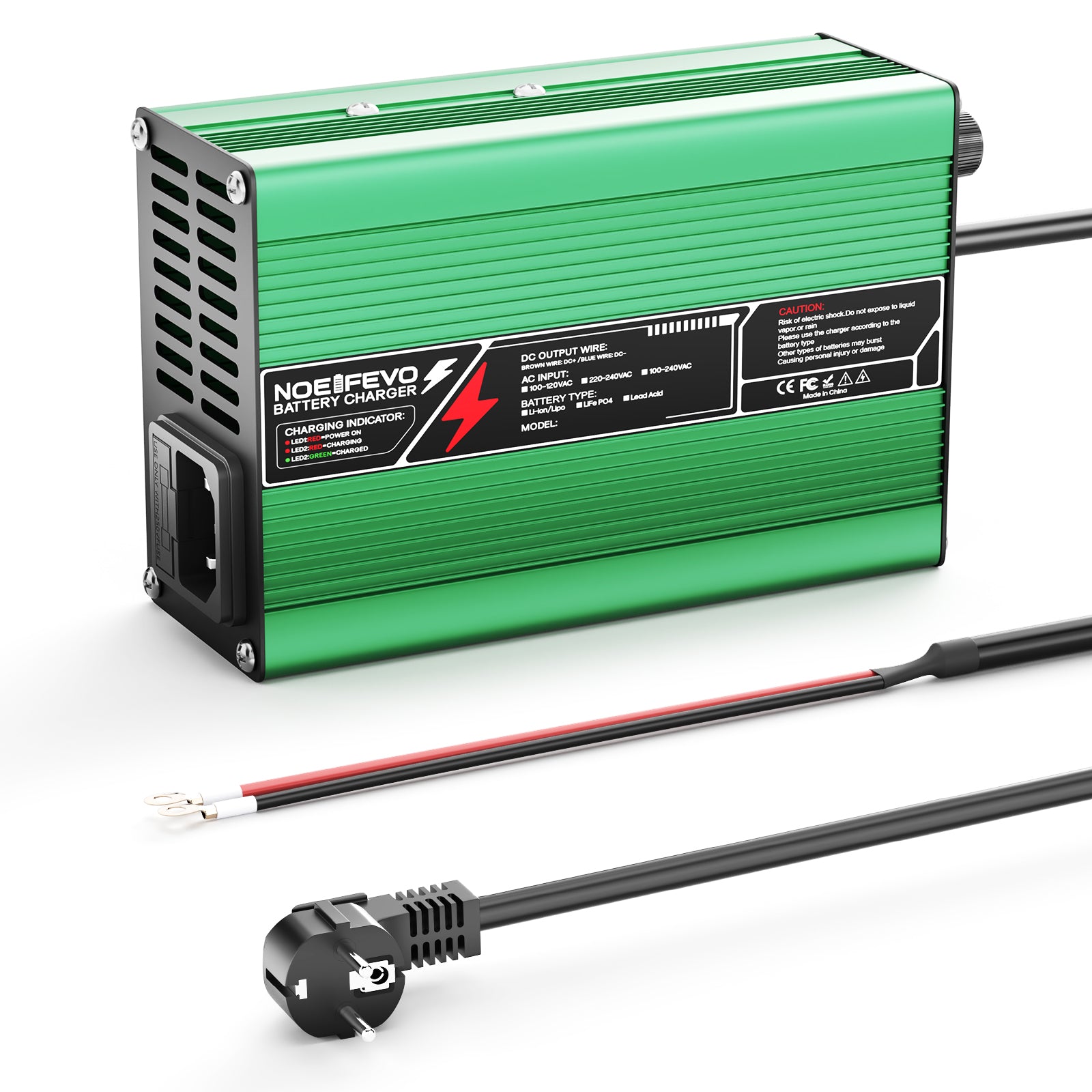 NOEIFEVO 29.4V 5A Caricabatterie al Litio per batterie Li-Ion Lipo 7S 25.9V, Ventola di raffreddamento, Spegnimento automatico (VERDE)