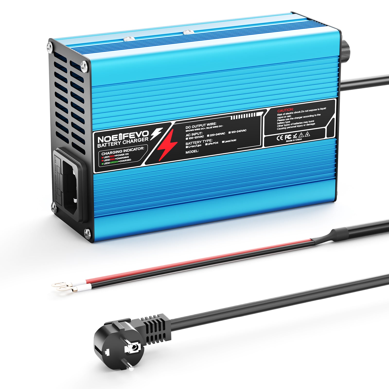 NOEIFEVO 12,6V 10A lithium-oplader til 3S 11,1V Li-Ion Lipo-batterier, køleventilator, automatisk afbrydelse (BLÅ)