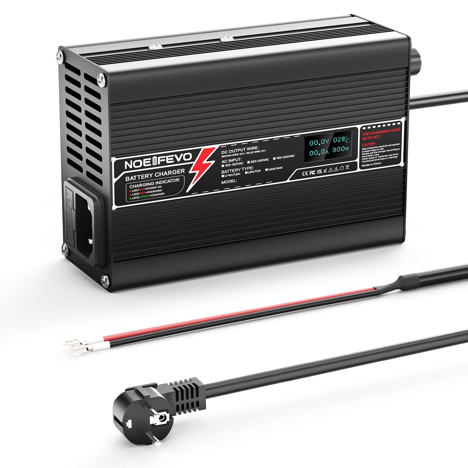 NOEIFEVO 58.8V 2A Carregador de Lítio para Baterias 14S 51.8V Li-Ion Lipo, com Display LCD, Ventilador de Resfriamento, Desligamento Automático