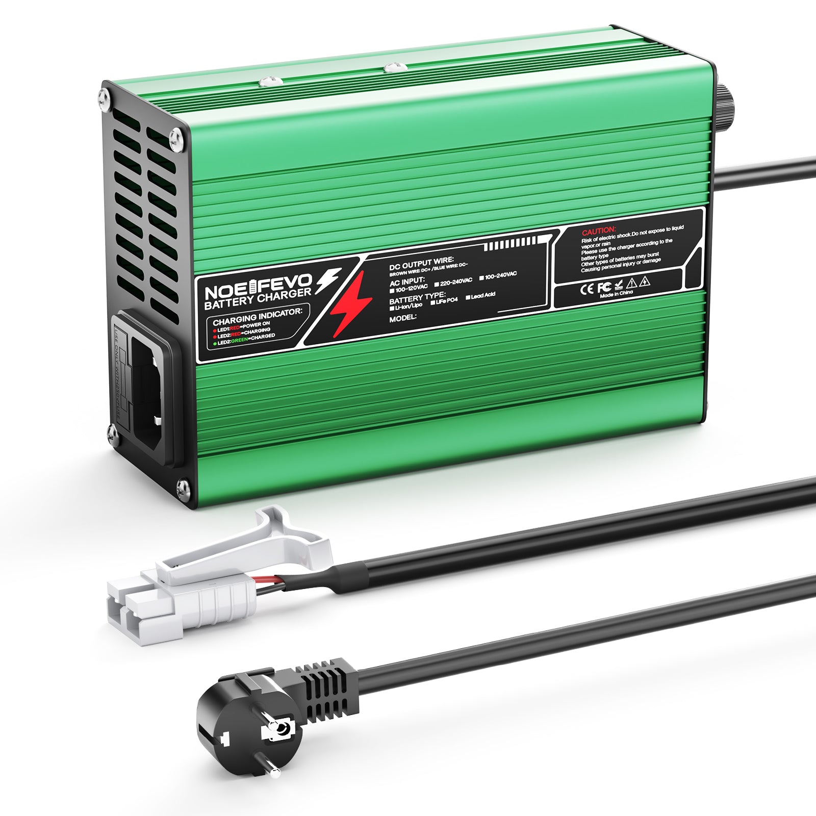 Caricabatterie NOEIFEVO 43.8V 4A per batterie LiFePO4 12S 36V 38.4V, con ventola di raffreddamento, spegnimento automatico (VERDE)
