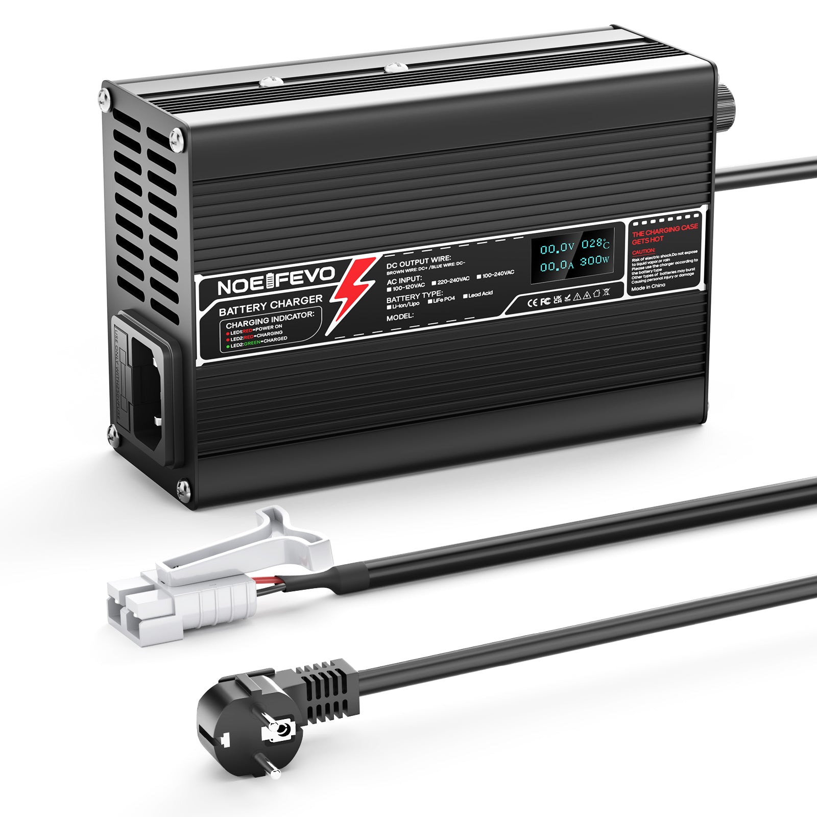 NOEIFEVO 50.4V 3A Lithium-lader til 12S 44.4V Li-Ion Lipo-batterier, med LCD-display, køleventilator, automatisk slukning