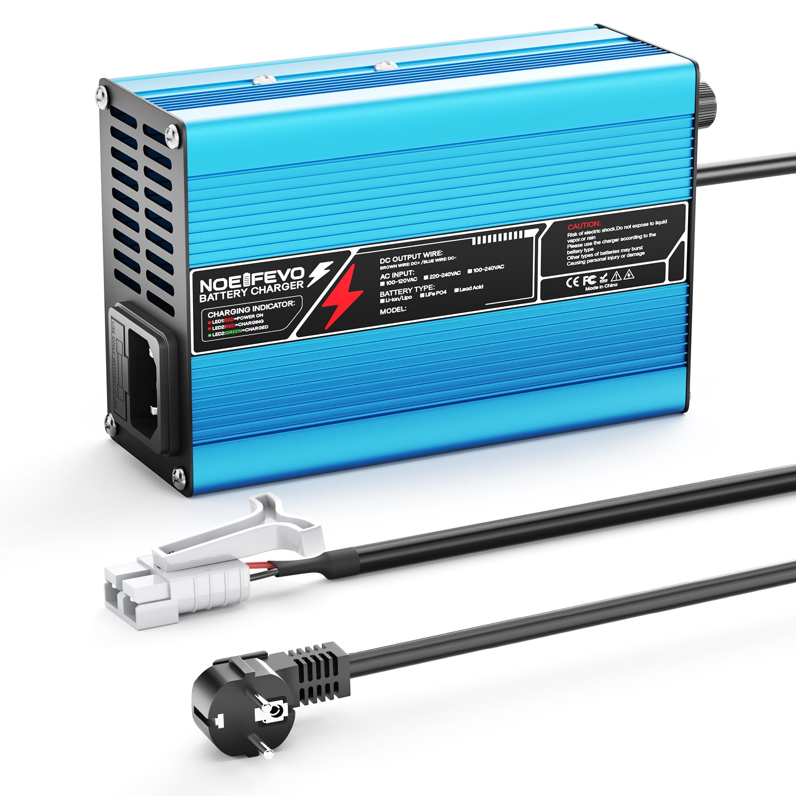 NOEIFEVO 58.8V 3A Lithium-lader til 14S 51.8V Li-Ion Lipo-batterier, køleventilator, automatisk afbrydelse (BLÅ)