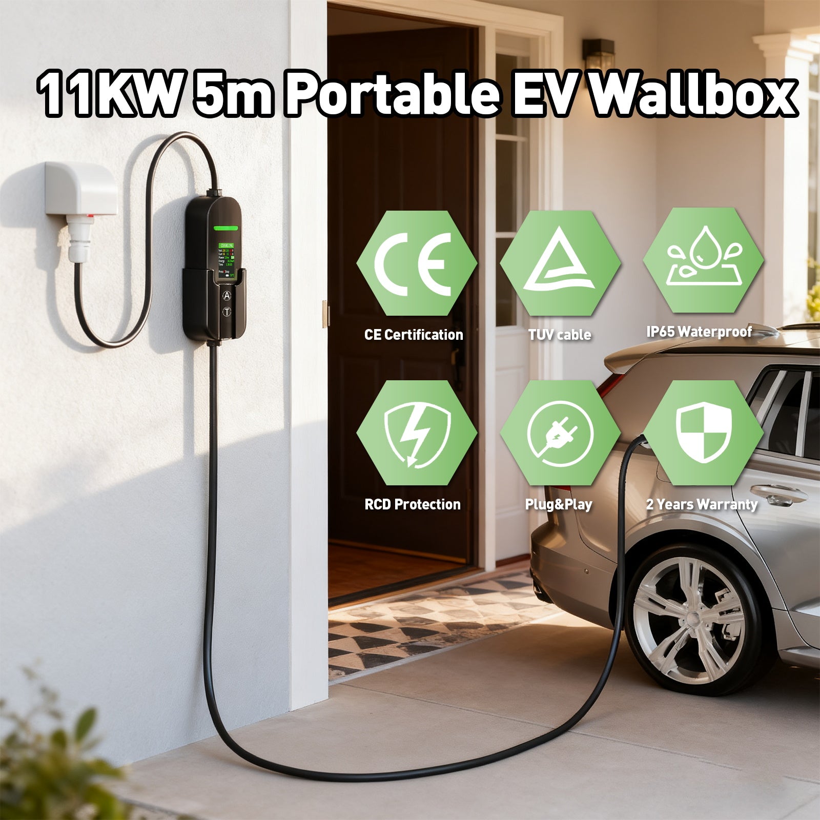 NOEIFEVO Typ2 Mobile Wallbox/Ladestation 11 kW 3-Phasen, 6-16 A Einstellbarer Ladestrom, 1-12 Stunden Verzögerungs-Ladung, CEE 16A auf Typ2 Tragbarer EV-Ladegerät mit 5m Ladekabel, Für alle Typ2 EV & PHEV