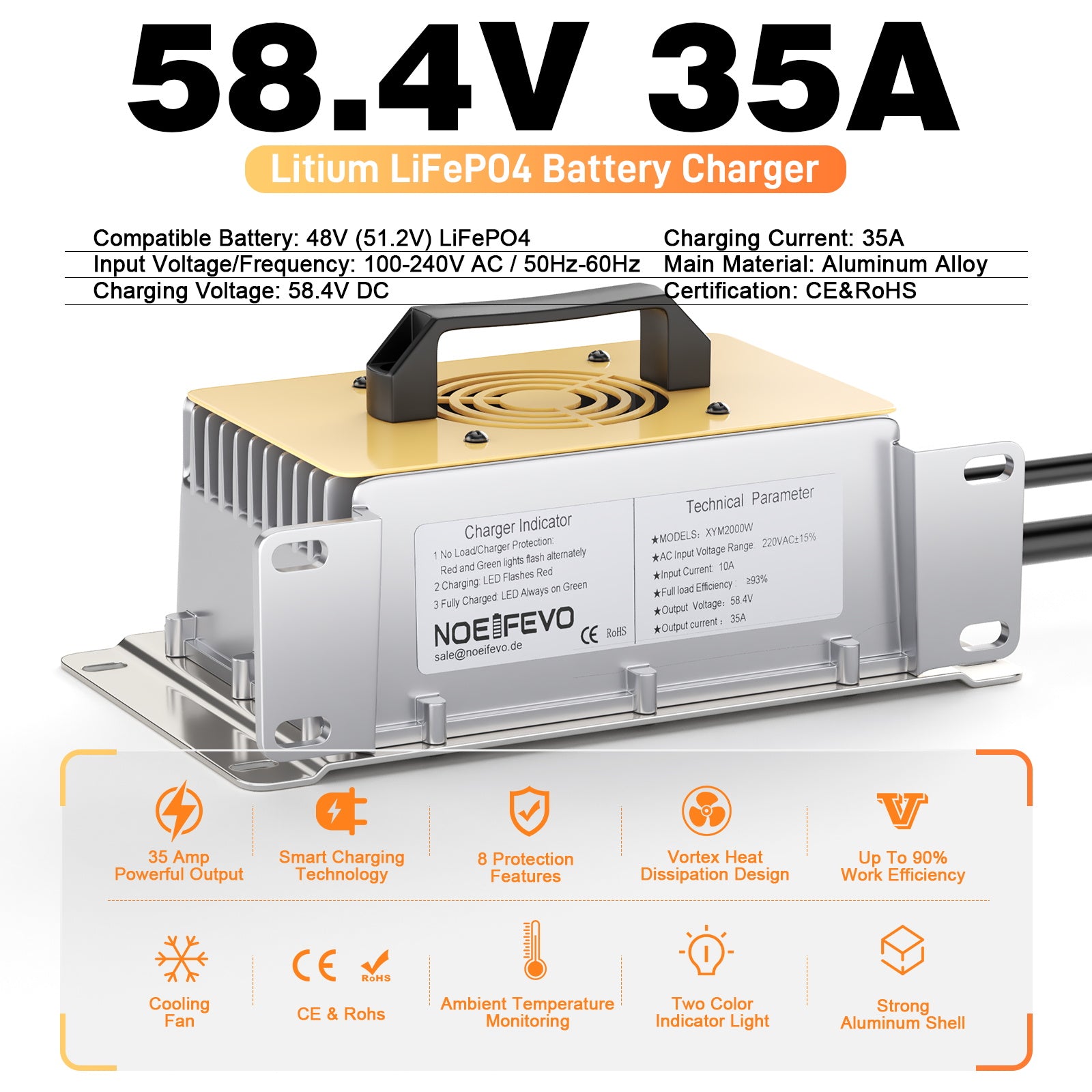NOEIFEVO 51,2V 48V 16S Lithium LiFePO4 Akkuladegerät, 58,4V 35A Ladegerät für Solarbatterien, Golfwagenbatterien, Bootsbatterien, wasserdicht, 0V BMS-aktiviert