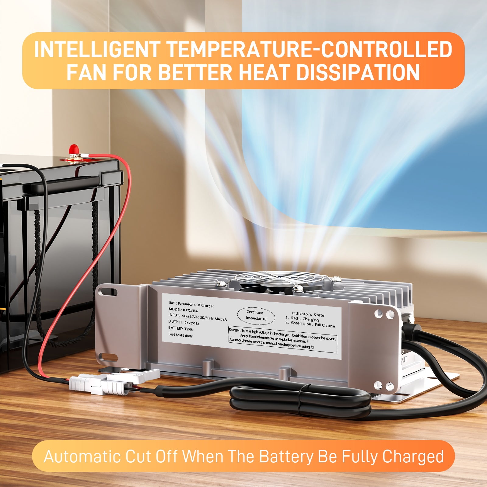 72V 15A Blei-Säure-Batterieladegerät, IP65 wasserdicht, mit Sicherungs-/Verriegelungskabel für Hubwagen, Bodenreinigungsmaschinen, Golfcarts und Gabelstapler