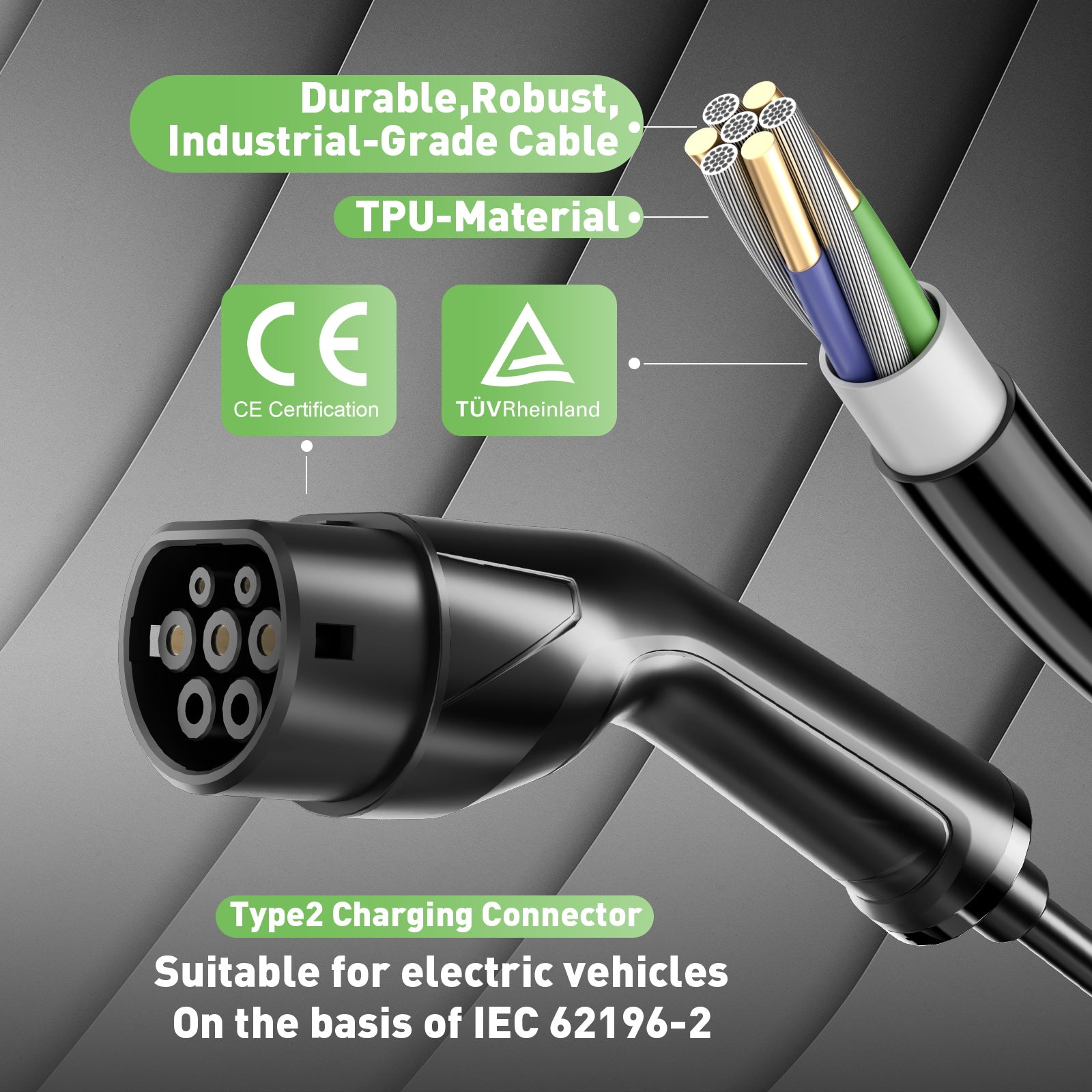 NOEIFEVO Type2 5m/10m EV ladekabel forlængerkabel til ladestation/wallbox, 3,5KW/7KW/11KW/22KW