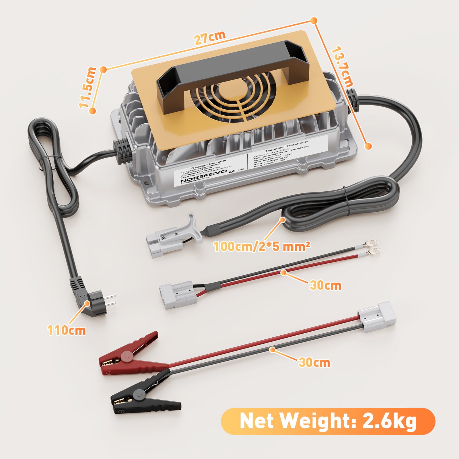 NOEIFEVO 58.4V 20A Lithium Lifepo4 batterioplader til 48V (51.2V)16S batteri, vandtæt, 0 V BMS aktivering, automatisk nedlukning med fuld beskyttelse