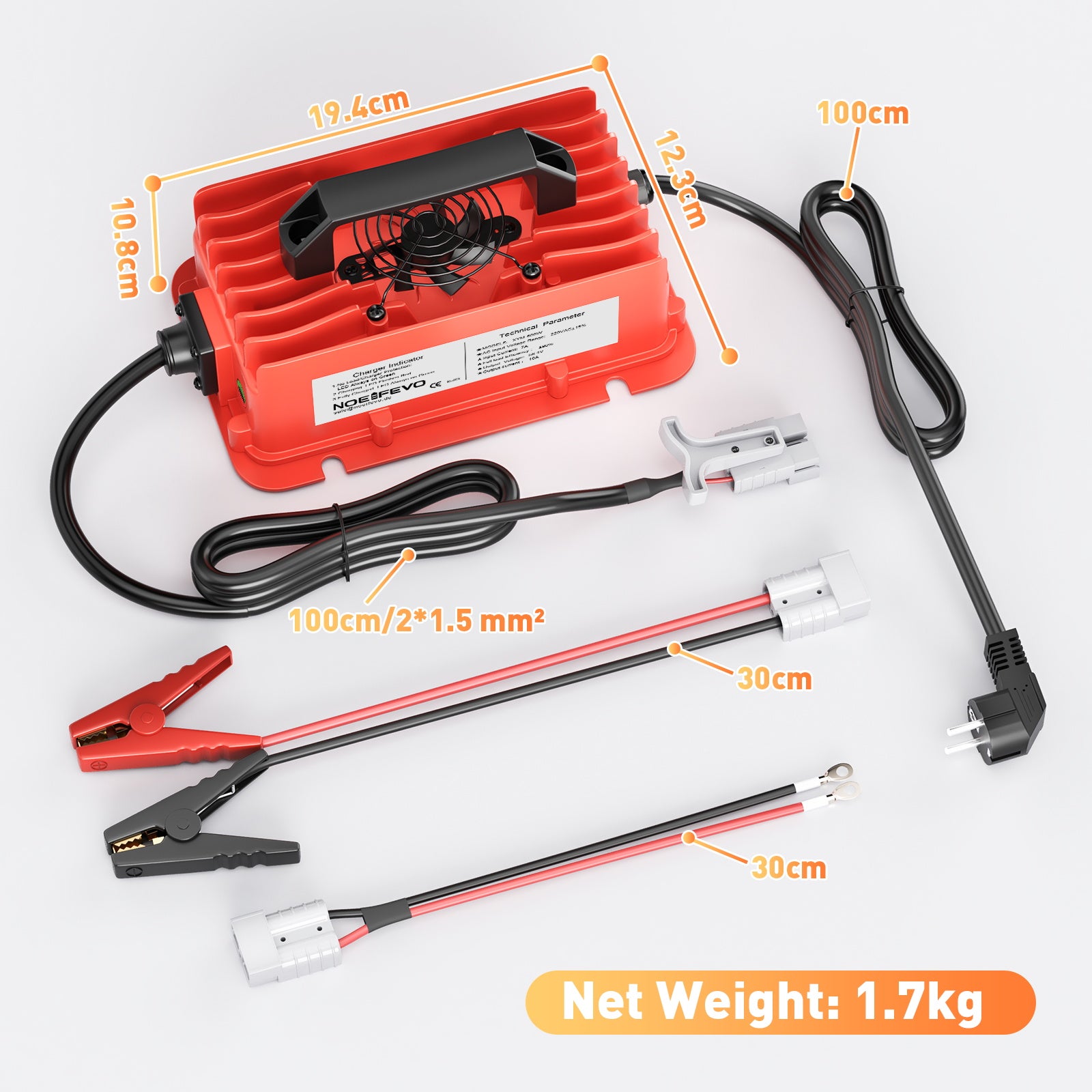NOEIFEVO 58,4V 10A Lithium LiFePO4 batterilader for 51,2V(48V) 16S batteri, vanntett, automatisk avstenging med full beskyttelse
