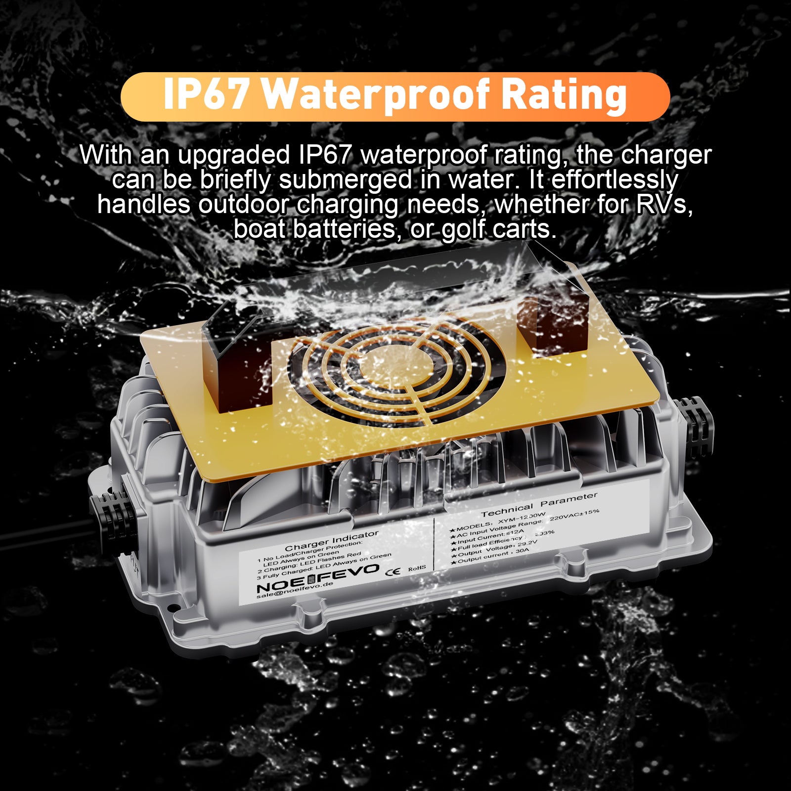 Noeifevo 29,2V 30A LiFePO4 batterioplader til 24V 25,6V lithiumbatteri, vandtæt, 0V BMS aktivering, automatisk nedlukning