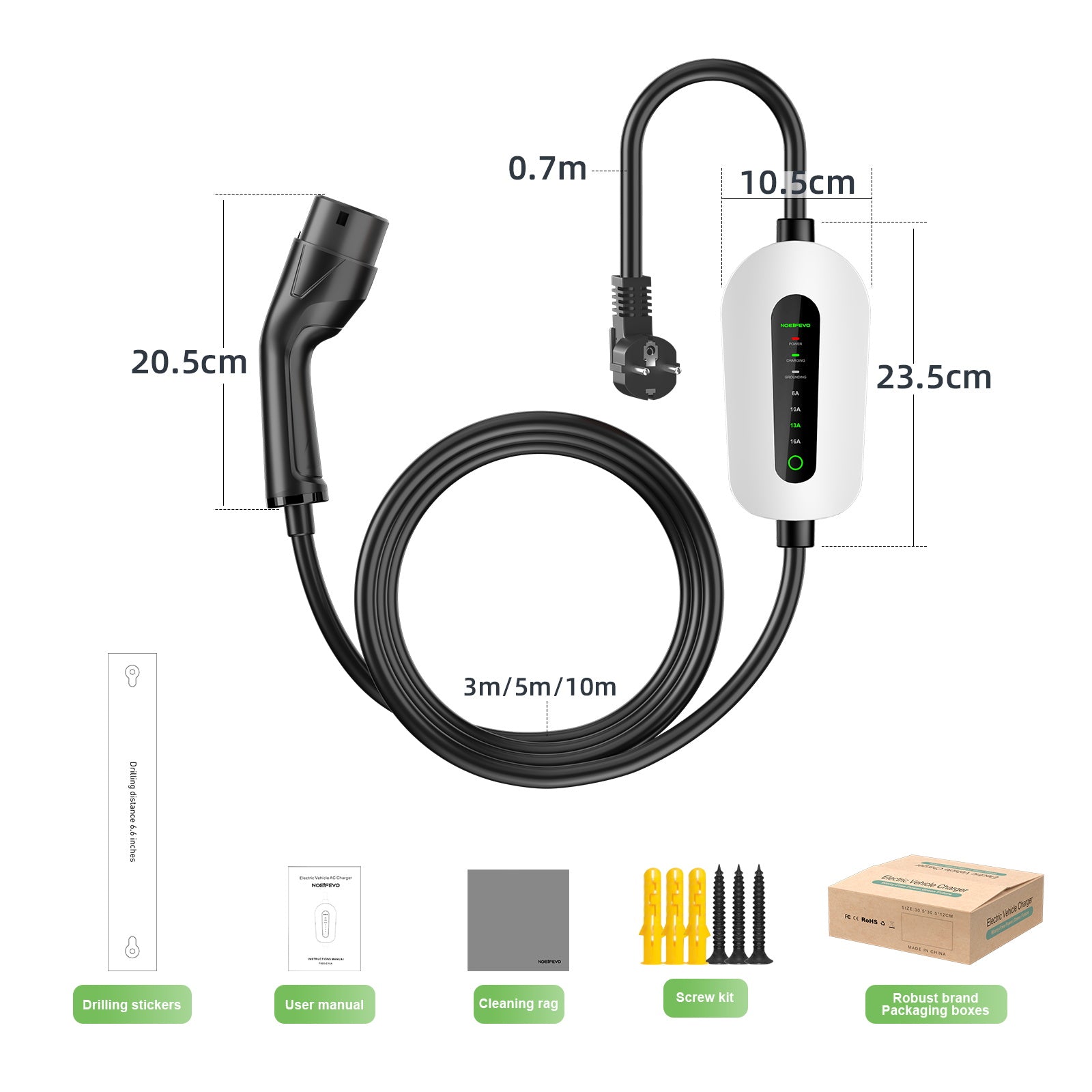 NOEIFEVO F095 Cable de carga tipo 2 a Schuko EV para vehículo eléctrico, corriente ajustable de 3,5 KW 6A a 16A, 3m/5m/10m
​