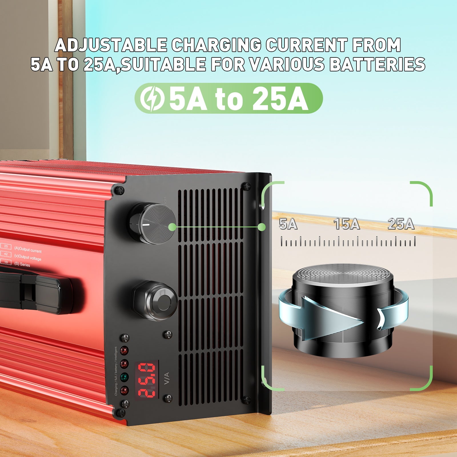 NOEIFEVO 42V 25A Lithium-batterijlader voor 37V (36V) 10S Lithium Li-ion Lipo-batterij, LCD-display, instelbare stroom, lader voor e-bike, scooter, elektrische motorfiets