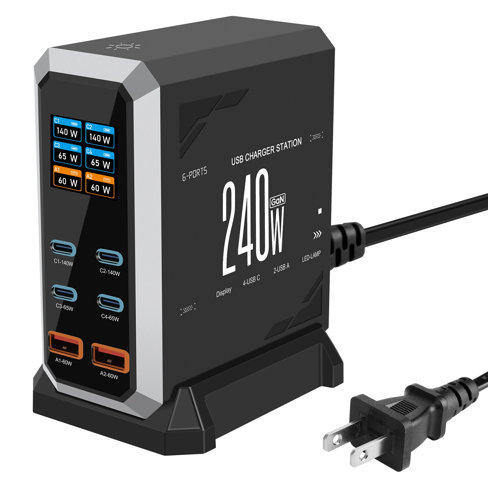 NOEIFEVO 240W USB-Ladestation mit 6 Anschlüssen, PD3.1 140W USB Typ-C & PPS/PD USB Typ-A Ladegerät – Desktop-Schnellladestation kompatibel mit MacBook, Laptops, Tablets, iPhone, Samsung Smartphones