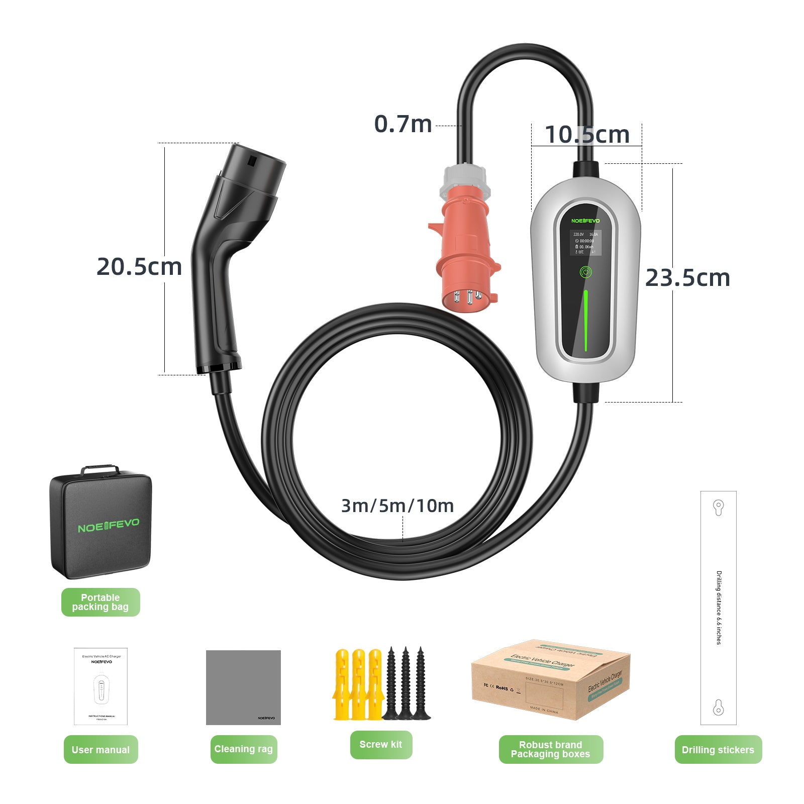 Estación de carga Noeifevo F094 EV, cargador móvil de 11KW 16A trifásico de  para vehículos eléctricos de tipo 2