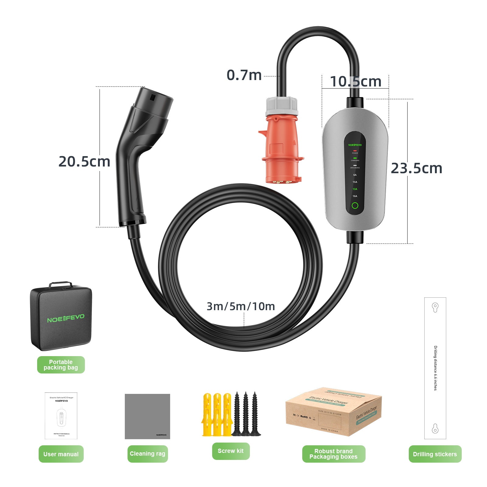 NOEIFEVO F095-3 Typ 2 till CEE16A EV laddkabel för elfordon, 11KW wallbox 6A till 16A justerbar ström, 3m/5m/10m
​