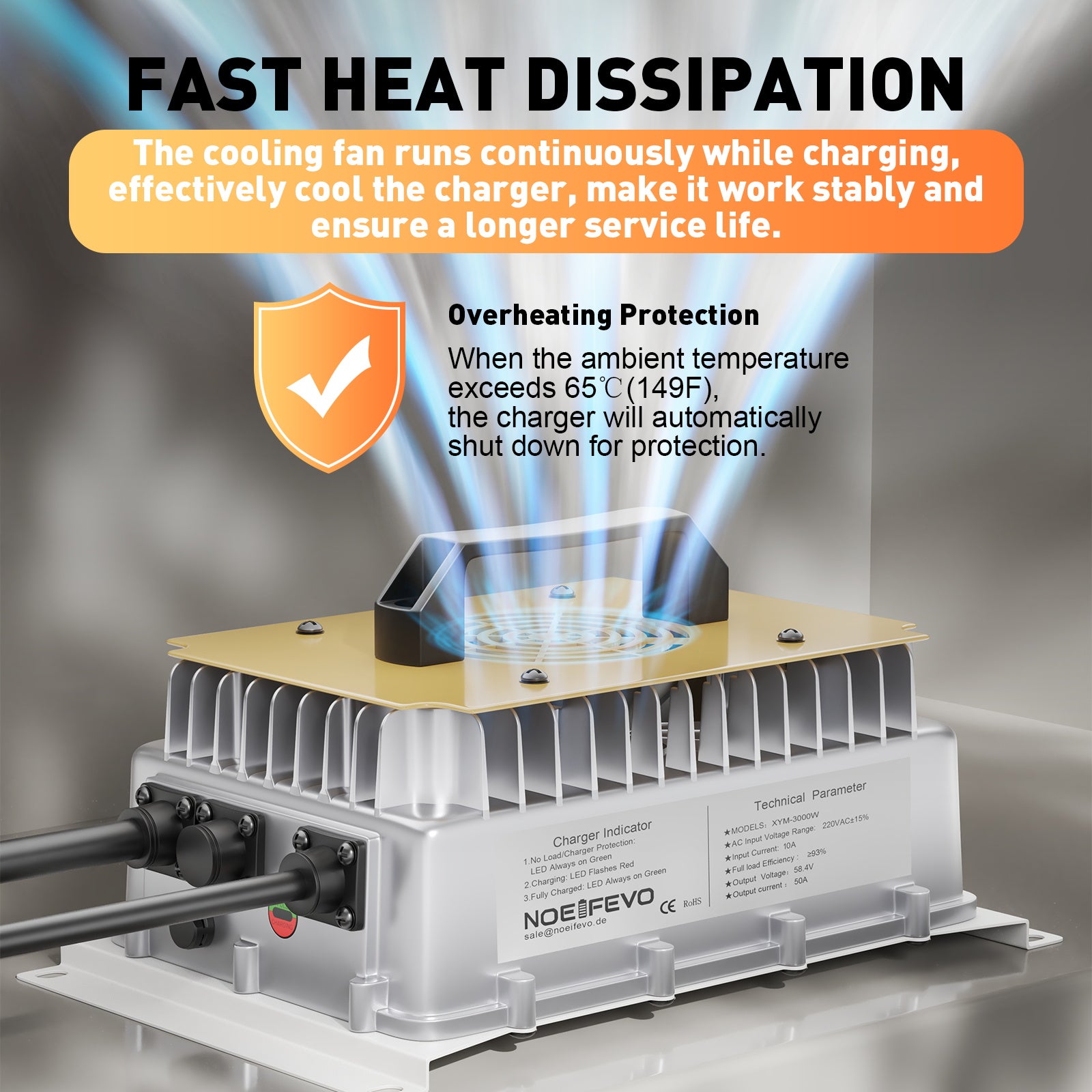 NOEIFEVO 58,4 V 50 A LiFePO4 Ładowarka do akumulatora 51,2 V (48 V) 16 S LiFePO4, wodoodporna, aktywowana 0 V BMS