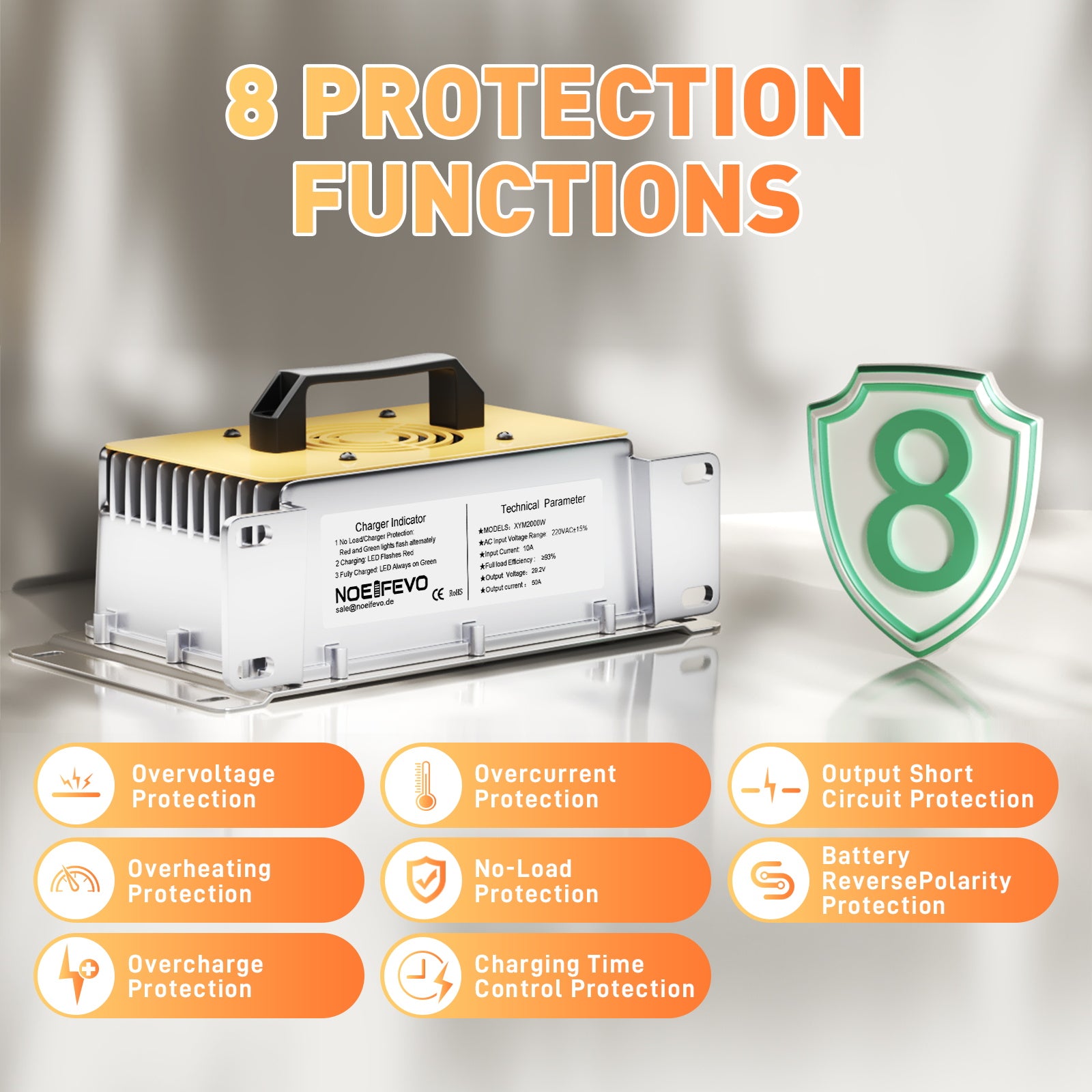 NOEIFEVO 29.2V 50A pikalaturi 24V 25.6V LiFePO4 Litium-akulle, vedenpitävä, 0V BMS Aktivoi