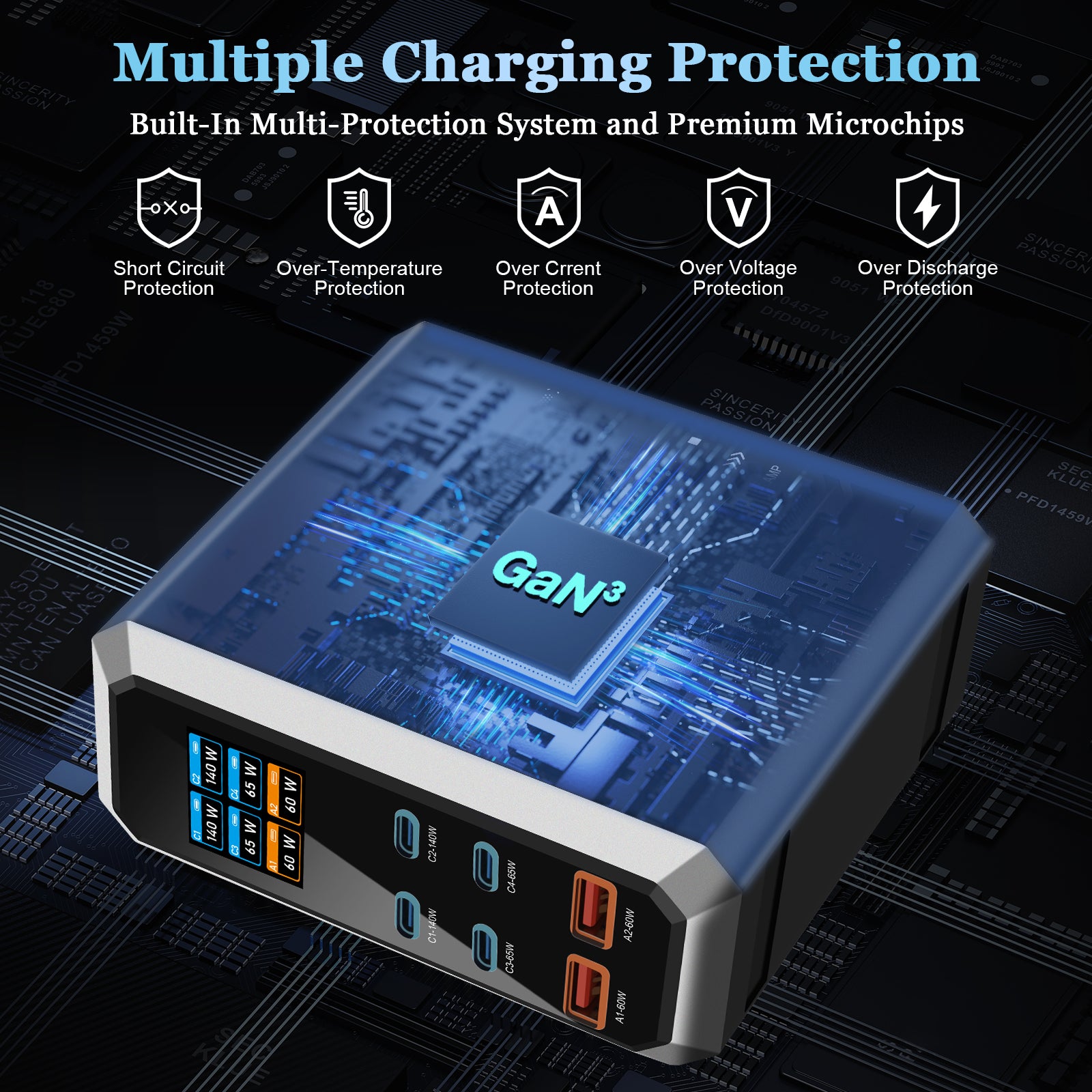 NOEIFEVO 240W USB-Ladestation mit 6 Anschlüssen, PD3.1 140W USB Typ-C & PPS/PD USB Typ-A Ladegerät – Desktop-Schnellladestation kompatibel mit MacBook, Laptops, Tablets, iPhone, Samsung Smartphones
