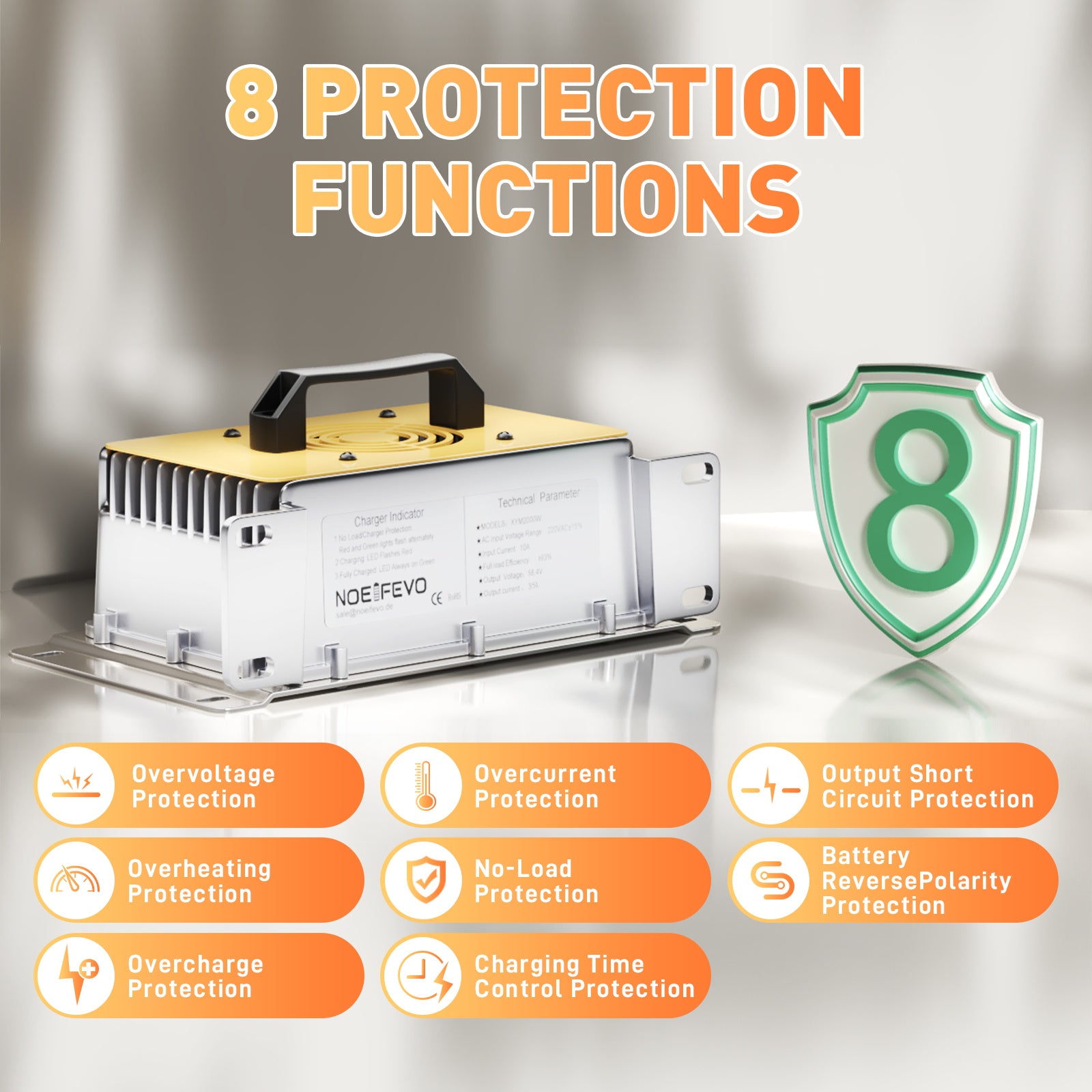 NOEIFEVO 51,2V 48V 16S Lithium LiFePO4 Akkuladegerät, 58,4V 35A Ladegerät für Solarbatterien, Golfwagenbatterien, Bootsbatterien, wasserdicht, 0V BMS-aktiviert