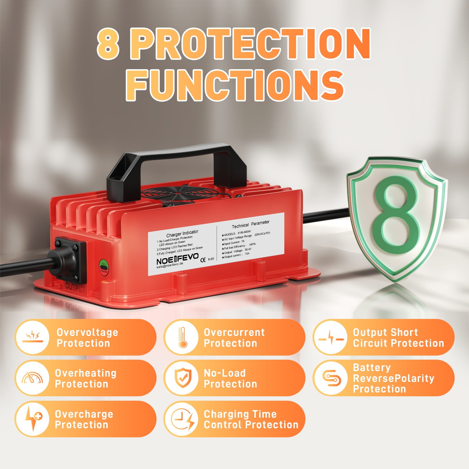 NOEIFEVO 58,4V 10A Lithium LiFePO4 batterilader for 51,2V(48V) 16S batteri, vanntett, automatisk avstenging med full beskyttelse