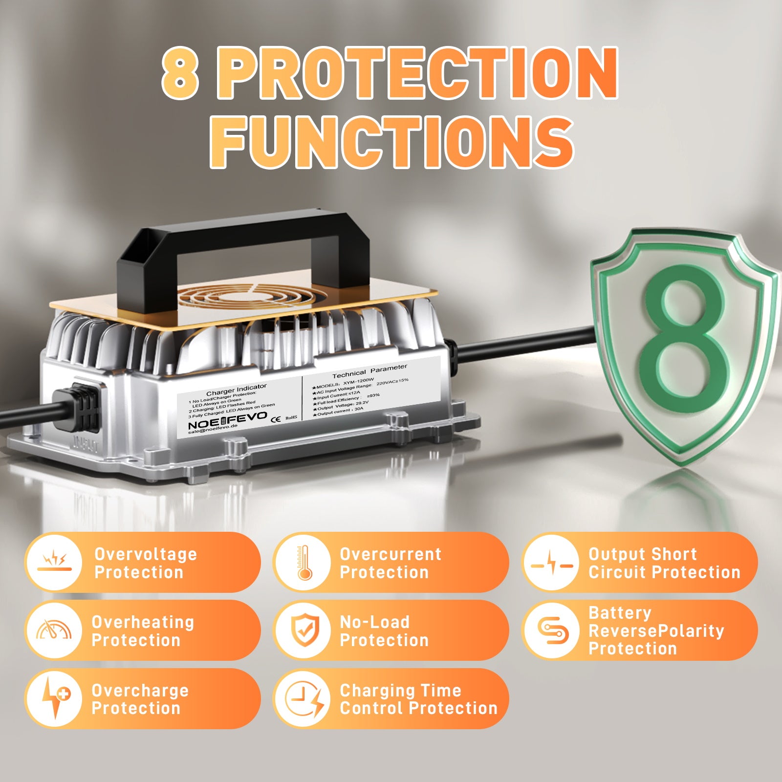 Noeifevo 29,2V 30A LiFePO4 batterioplader til 24V 25,6V lithiumbatteri, vandtæt, 0V BMS aktivering, automatisk nedlukning