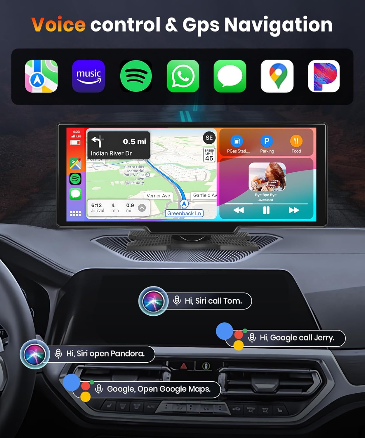 NOEIFEVO 10,26 tum Carplay-skärm för bilar med trådlös Carplay, Android Auto, MirrorLink, 1080P IPS pekskärm, bärbar radio, stöder Bluetooth/handsfree röststyrning/GPS/Siri/FM-sändning/Aux/TF-kort.