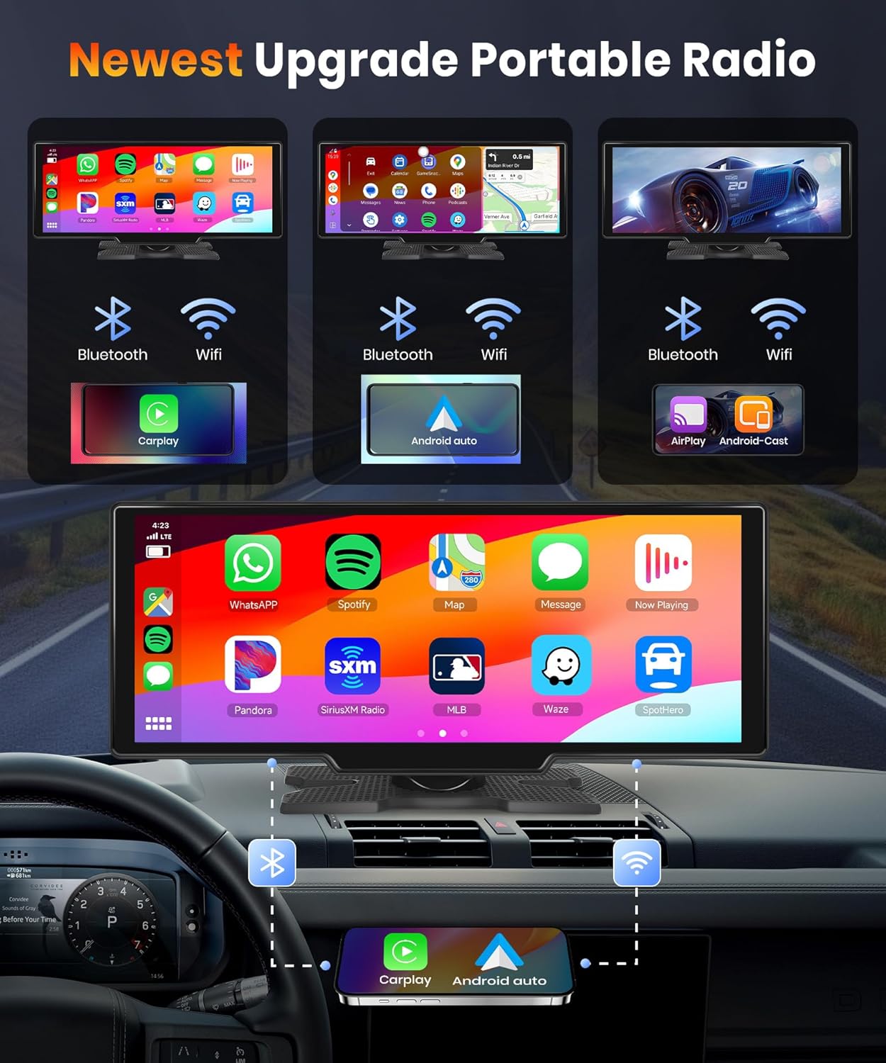 NOEIFEVO 10,26-calowy ekran Carplay do samochodów z bezprzewodowym Carplay, Android Auto, MirrorLink, ekranem dotykowym IPS 1080P, przenośnym radiem, obsługujący Bluetooth/sterowanie głosowe bez użycia rąk/GPS/Siri/transmisję FM/Aux/kartę TF.