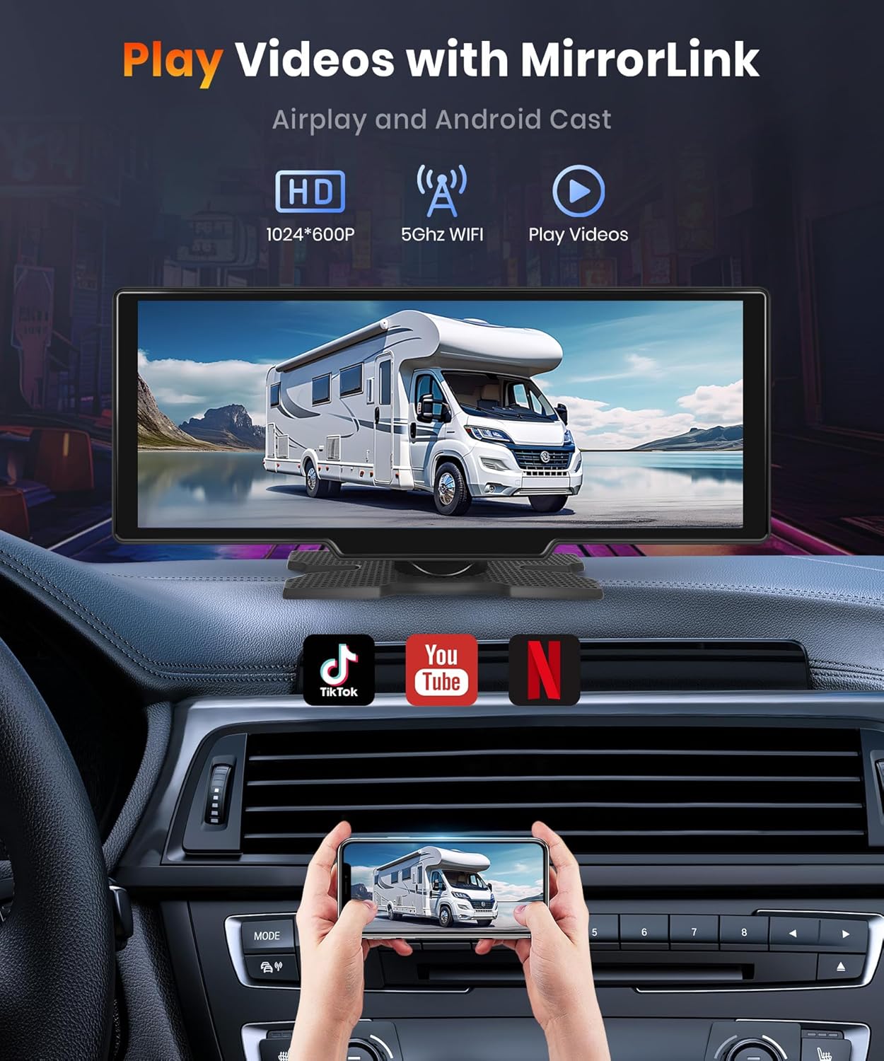 NOEIFEVO מסך 10.26 אינץ' Carplay לרכב עם Carplay אלחוטי, Android Auto, MirrorLink, מסך מגע IPS 1080P, רדיו נייד, תומך ב-Bluetooth/שליטה קולית חופשית/GPS/Siri/שידור FM/Aux/כרטיס TF.