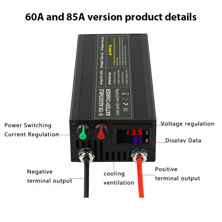 NOEIFEVO Instelbaar spannings- en stroombereik 0-15V 1-60A /85A batterijlader, compatibel met 3,7V 6V 12V lithium-, LiFePO4- en loodzuuraccu's