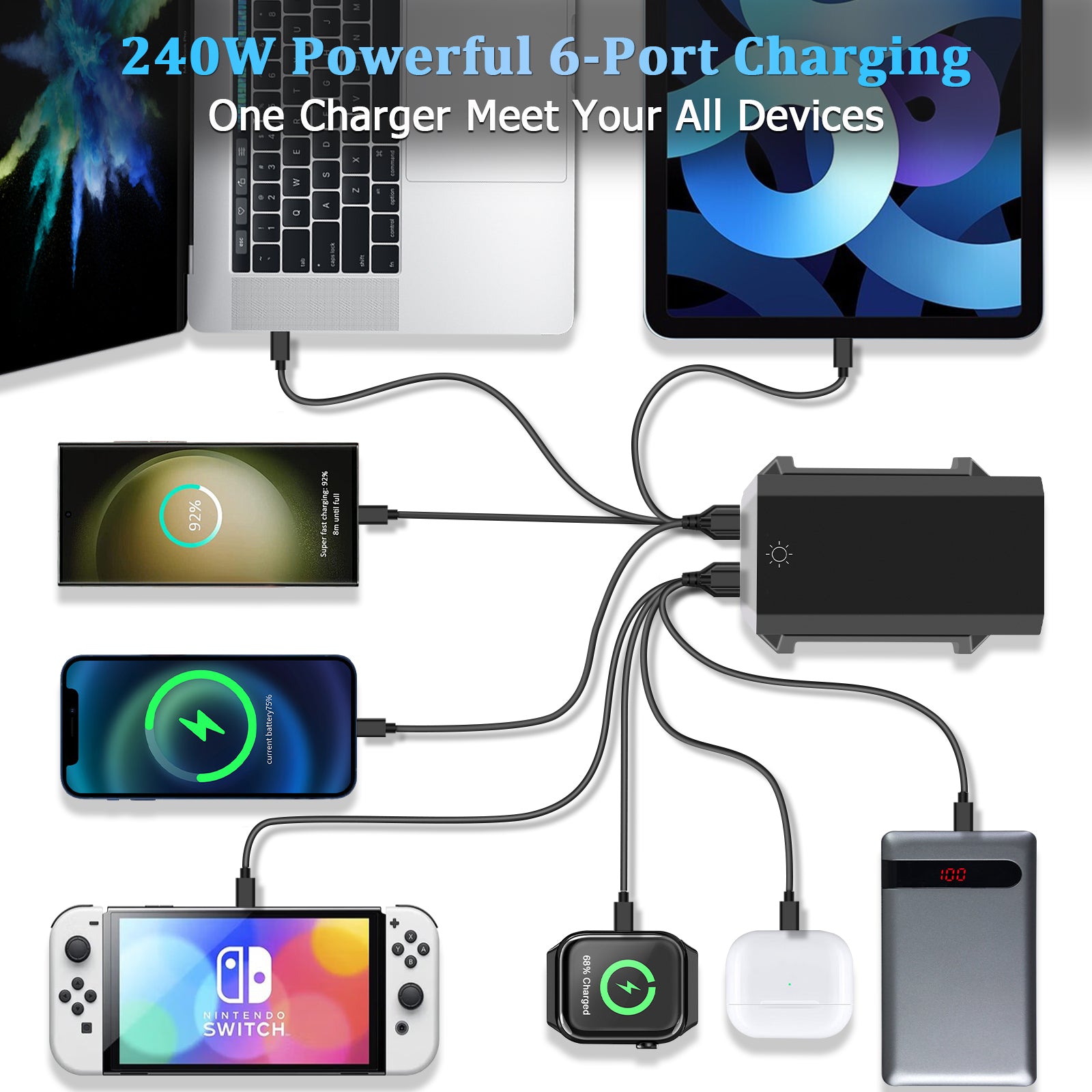 NOEIFEVO 240W USB-Ladestation mit 6 Anschlüssen, PD3.1 140W USB Typ-C & PPS/PD USB Typ-A Ladegerät – Desktop-Schnellladestation kompatibel mit MacBook, Laptops, Tablets, iPhone, Samsung Smartphones