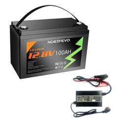 NOEIFEVO 12,8V 100Ah LiFePO4 litiumbatteri, 1280Wh litiumbatteri med 100A BMS, 4000+ opladningscyklusser, med 14,6V 20A oplader, perfekt som strømkilde til autocamper og båd.