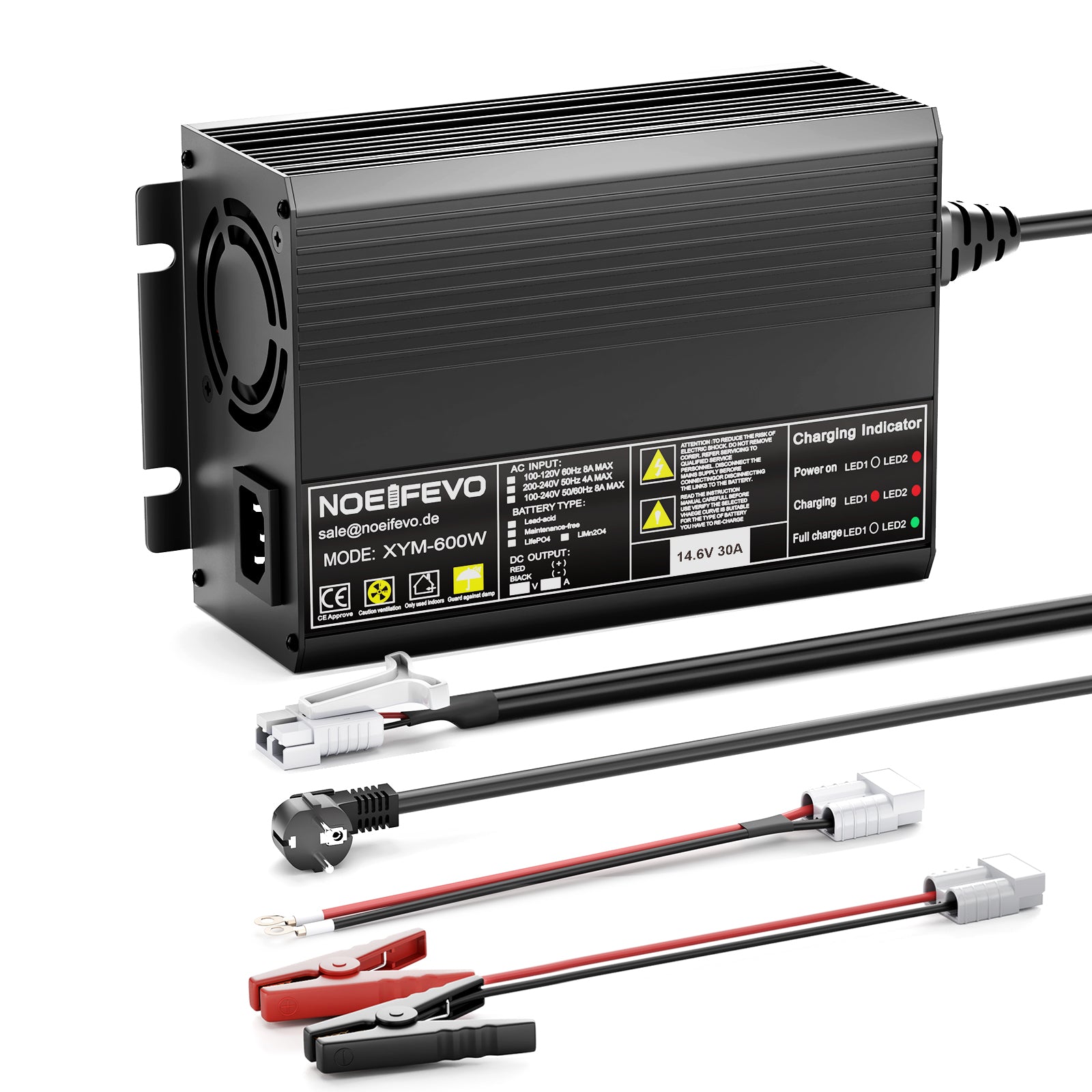 Noeifevo 12V 12,8V 30A Lithium LiFePO4 batterioplader, ladespænding 14,6V, 0V BMS aktivering, automatisk nedlukning, aluminiumshus