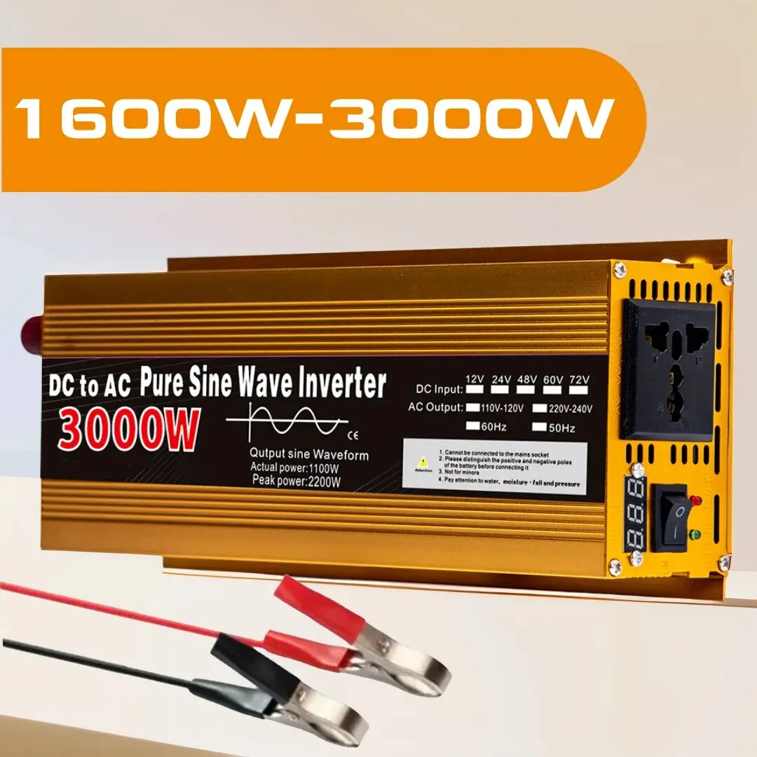 Inverter 12V till 220V Pure Sine Wave 1600W 2200W 3000W Power Inverter EU Laddningsuttag med LED-skärm