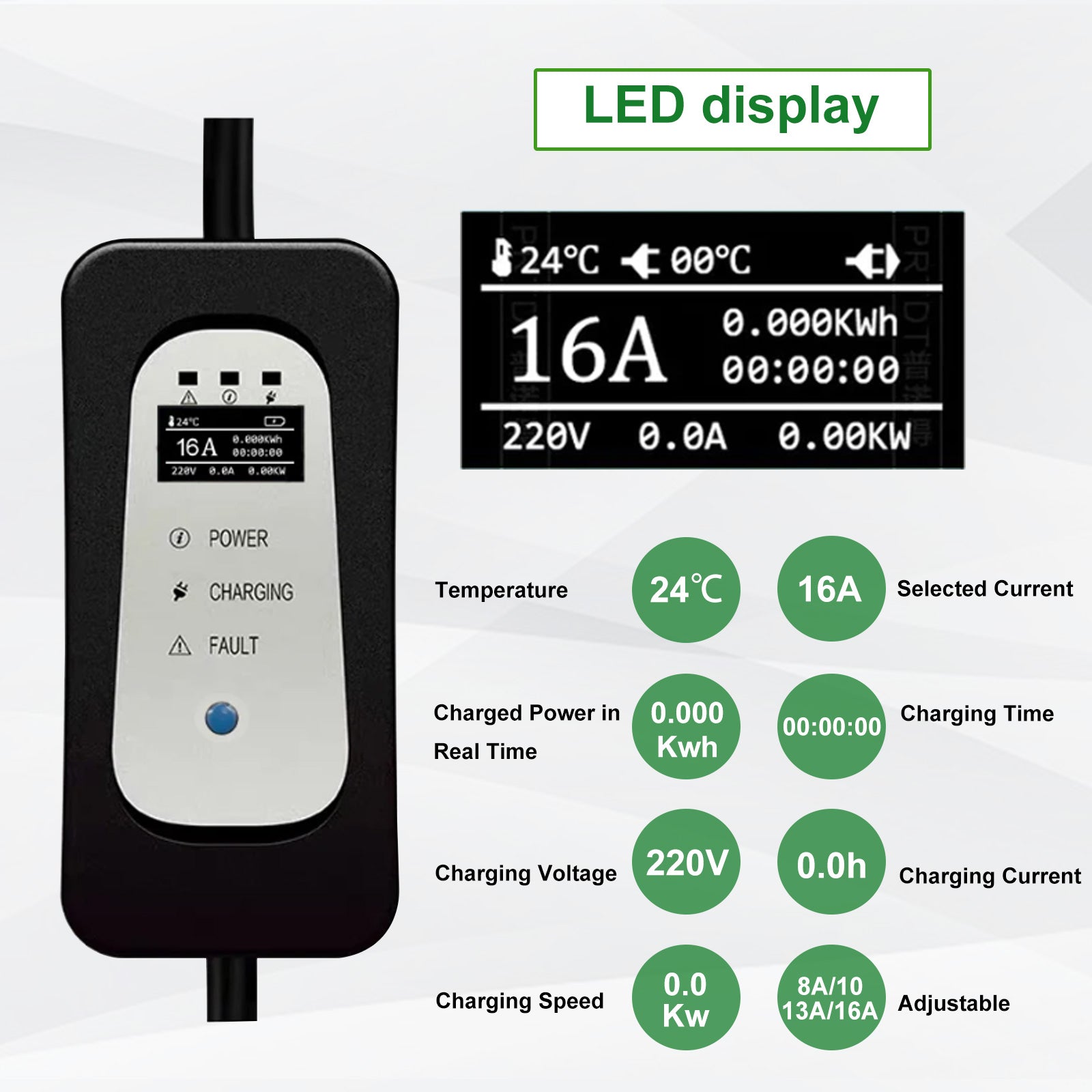 10 meter bærbar type 2 3.6KW 16A EV-oplader, mobil EV-opladningskabel med Schuko