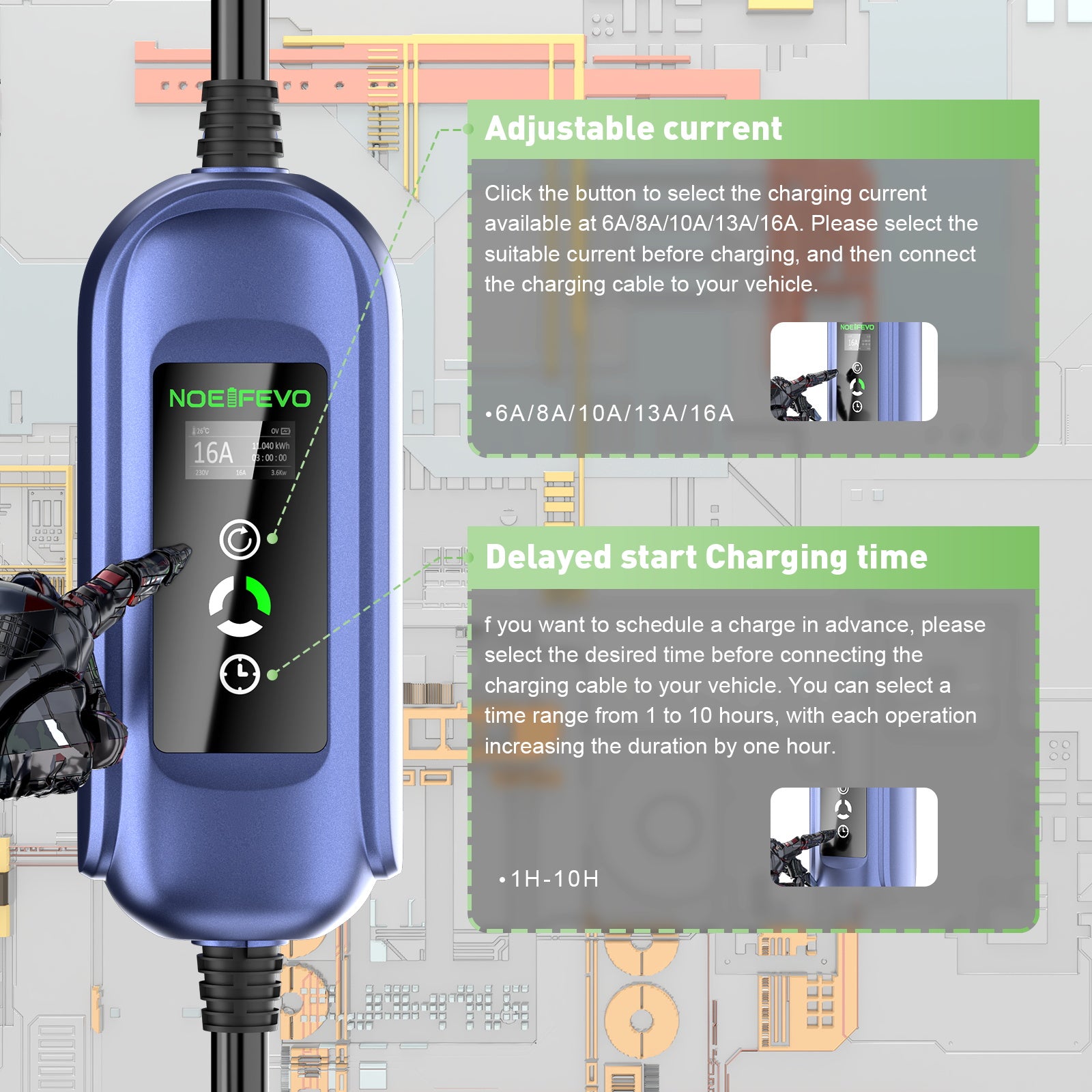 Noeifevo 11KW Mobile EV Wallbox, auton akkulaturi kaikille tyypin 2 ajoneuvoille, 5M/10M/15M, CEE16A