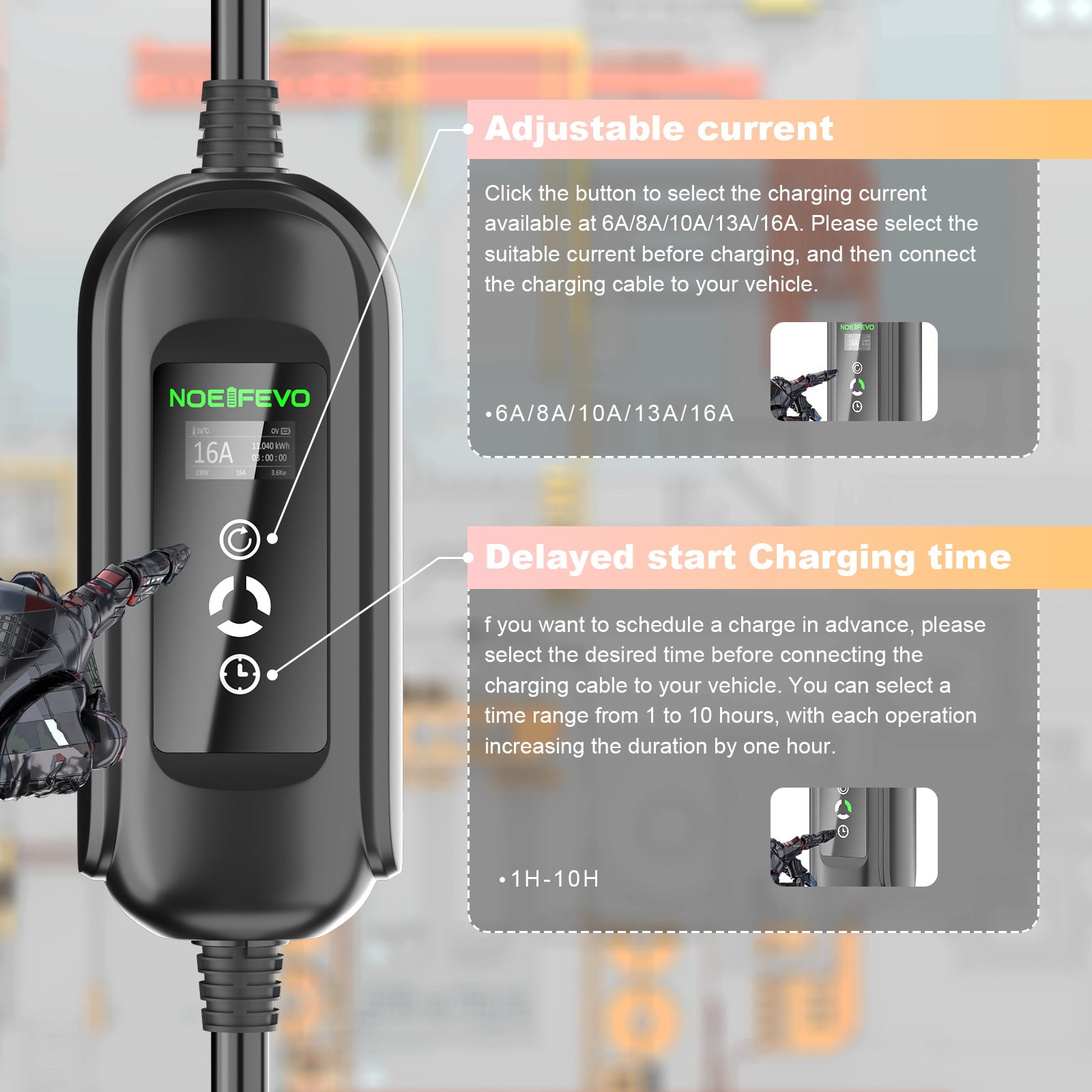 Noeifevo 11KW Auto-acculader, Type2 naar CEE16A EV-lader met huishoudelijke adapter, 5m/10/15m