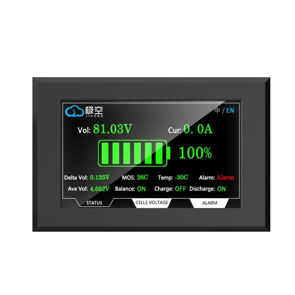 Pantalla de batería LCD TFT de 4,3 pulgadas – Visualización de voltaje, corriente, SOC y temperatura, pantalla táctil – Para Jikong BMS (88,5 × 135,9 mm)
