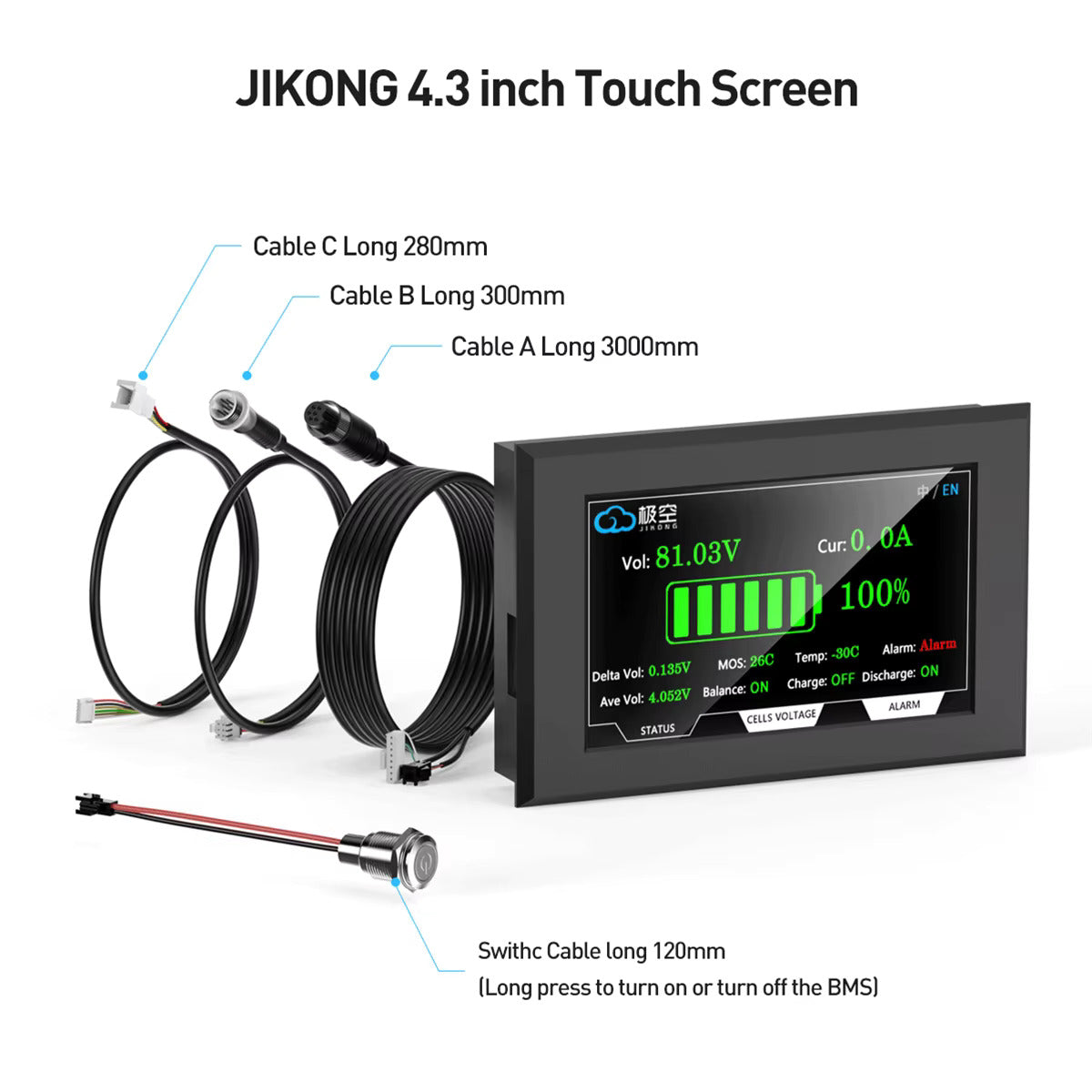 Pantalla de batería LCD TFT de 4,3 pulgadas – Visualización de voltaje, corriente, SOC y temperatura, pantalla táctil – Para Jikong BMS (88,5 × 135,9 mm)

