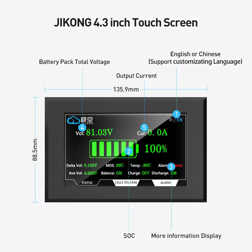 Pantalla de batería LCD TFT de 4,3 pulgadas – Visualización de voltaje, corriente, SOC y temperatura, pantalla táctil – Para Jikong BMS (88,5 × 135,9 mm)
