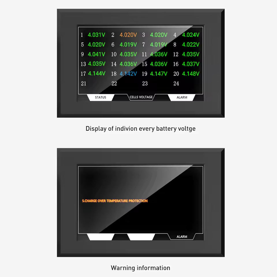Pantalla de batería LCD TFT de 4,3 pulgadas – Visualización de voltaje, corriente, SOC y temperatura, pantalla táctil – Para Jikong BMS (88,5 × 135,9 mm)
