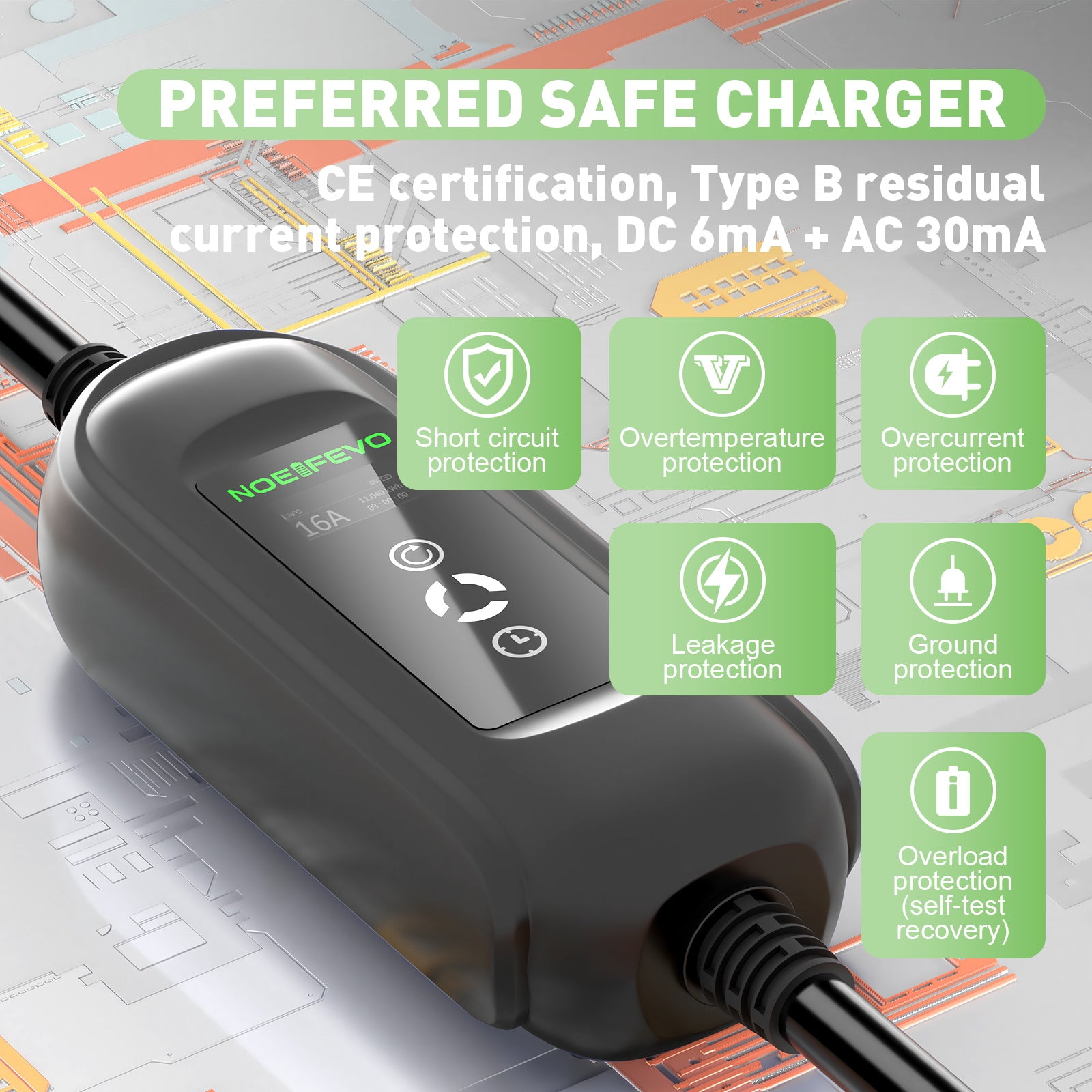 Noeifevo 11KW Type 2 EV Ladestation, 16A 3-faset elbiloplader, CEE 16A højstrøm hurtigopladningskabel 10 meter