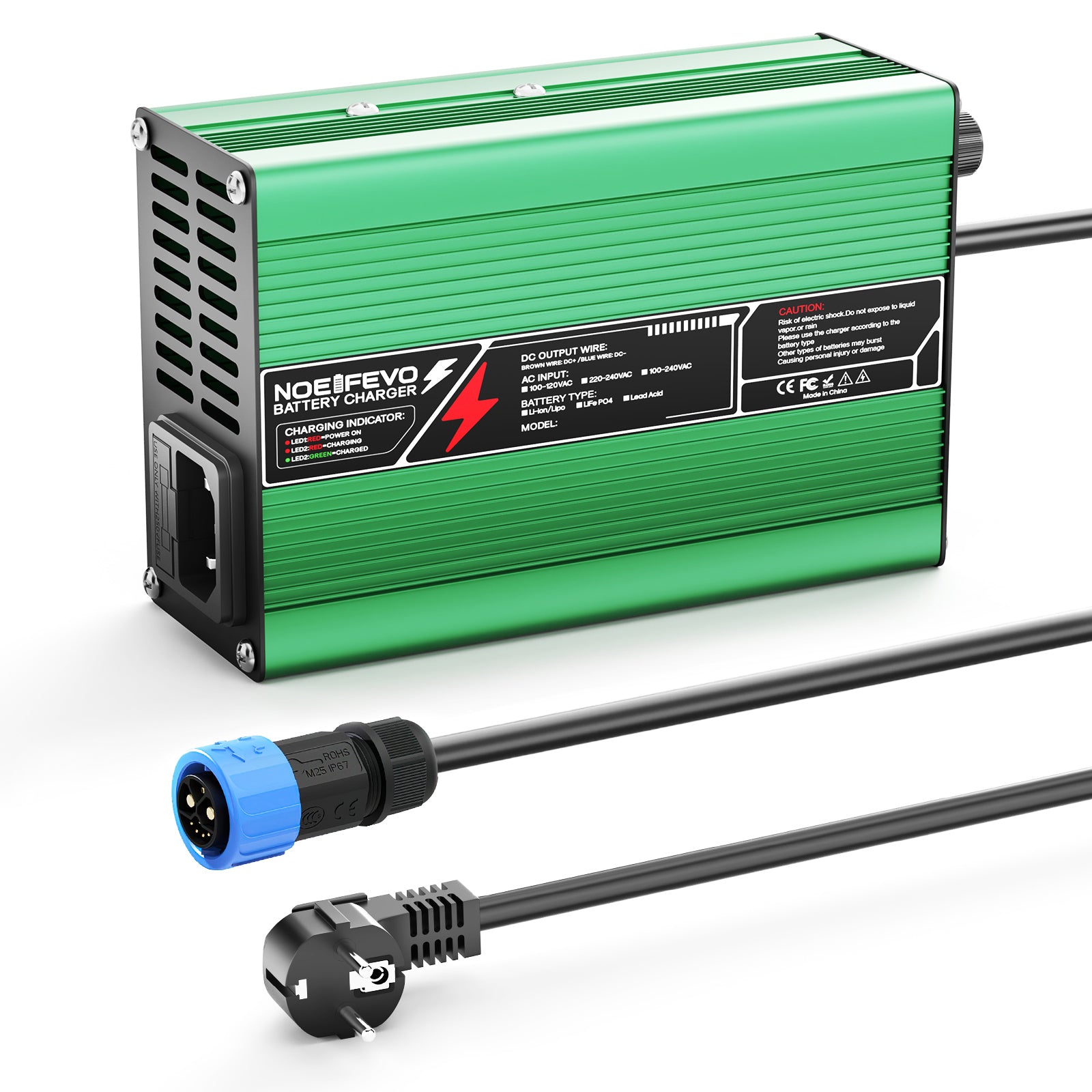 NOEIFEVO 54.6V 2A 2.5A 3A Lithium-Ladegerät für 13S 48.1V Li-Ion Lipo-Batterien, Kühlventilator, automatischer Abschaltung (GREEN)