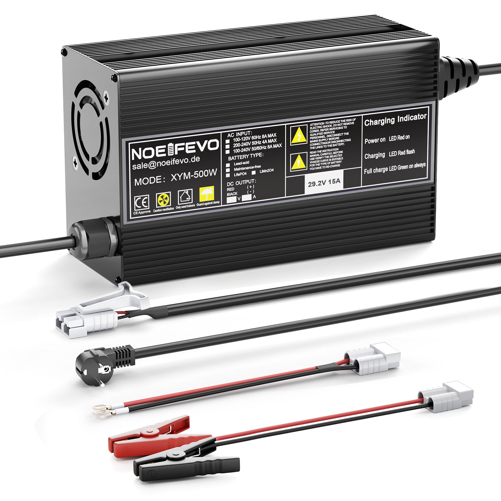 Noeifevo 29,2V 20A LiFePO4 batterilader for 24V 25,6V litiumbatteri, 0V BMS Aktiver, automatisk avstenging med full beskyttelse