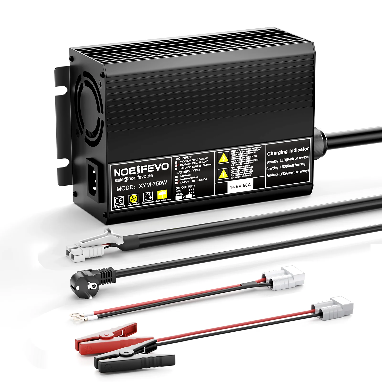 Noeifevo 14,6 V 50 A  Ładowarka akumulatorów litowo-żelazowo-żelazowo-po4 do akumulatorów litowo-żelazowo-żelazowo-po4 12 V (12,8 V), aktywacja BMS 0 V, automatyczne wyłączanie z pełną ochroną