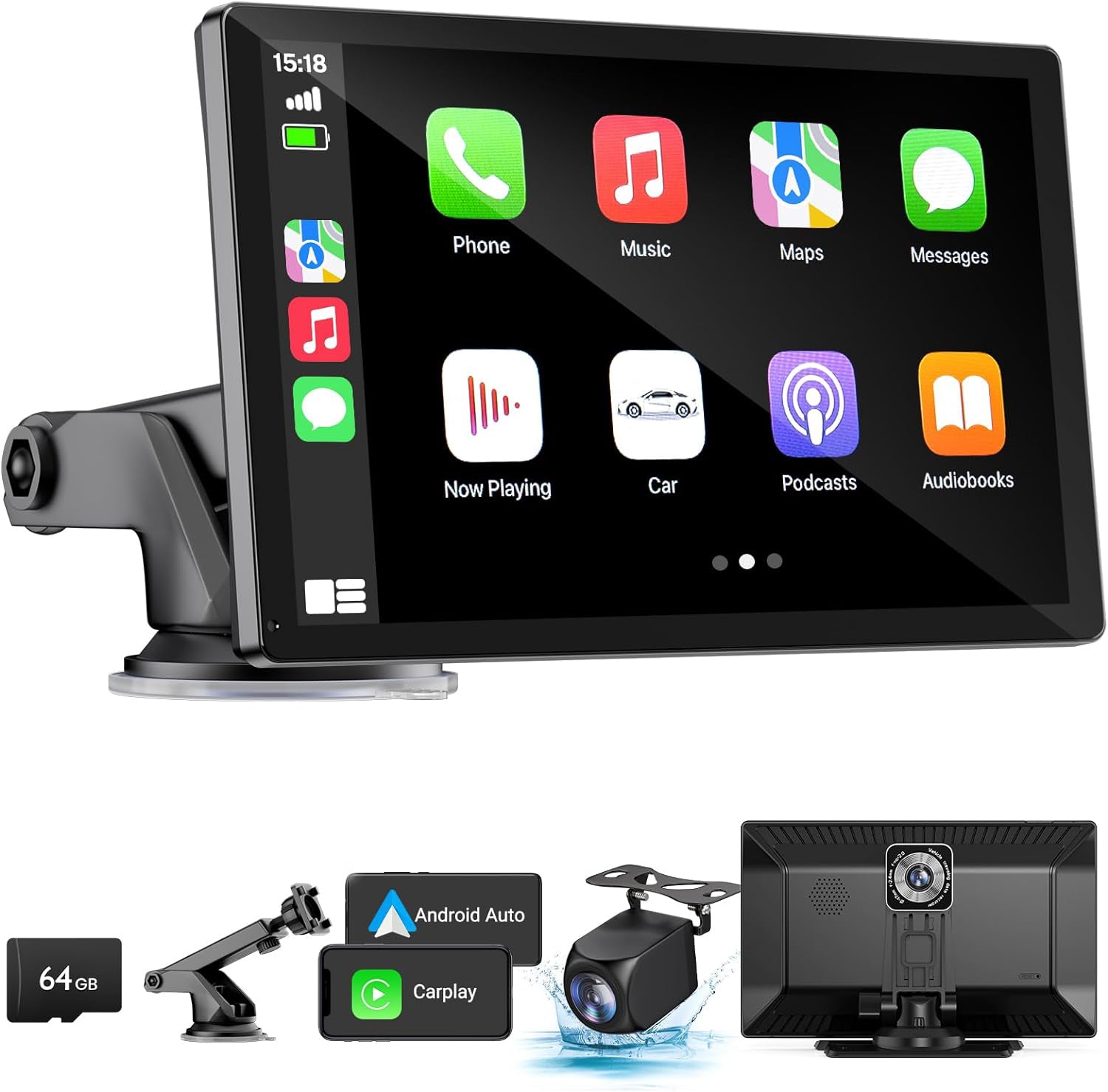 NOEIFEVO Bezdrátový Carplay displej pro automobily s 4K Dashcam, 9" přenosné Apple Carplay & Android Auto autorádio, s 1080p zadní kamerou, GPS navigace/Mirror Link/Hlasové ovládání/Bluetooth.