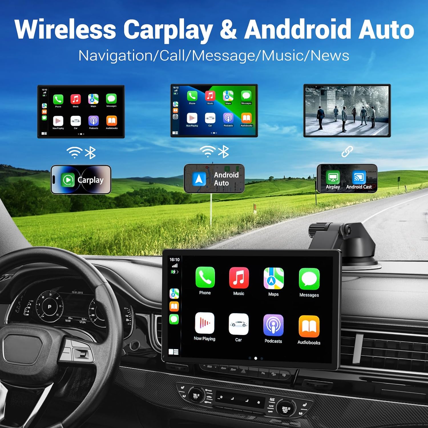 NOEIFEVO Bezdrôtový Carplay displej pre autá s 4K Dashcam, 9" prenosné Apple Carplay a Android Auto autorádio, s 1080p cúvacou kamerou, GPS navigáciou/Mirror Link/ovládanie hlasom/Bluetooth.